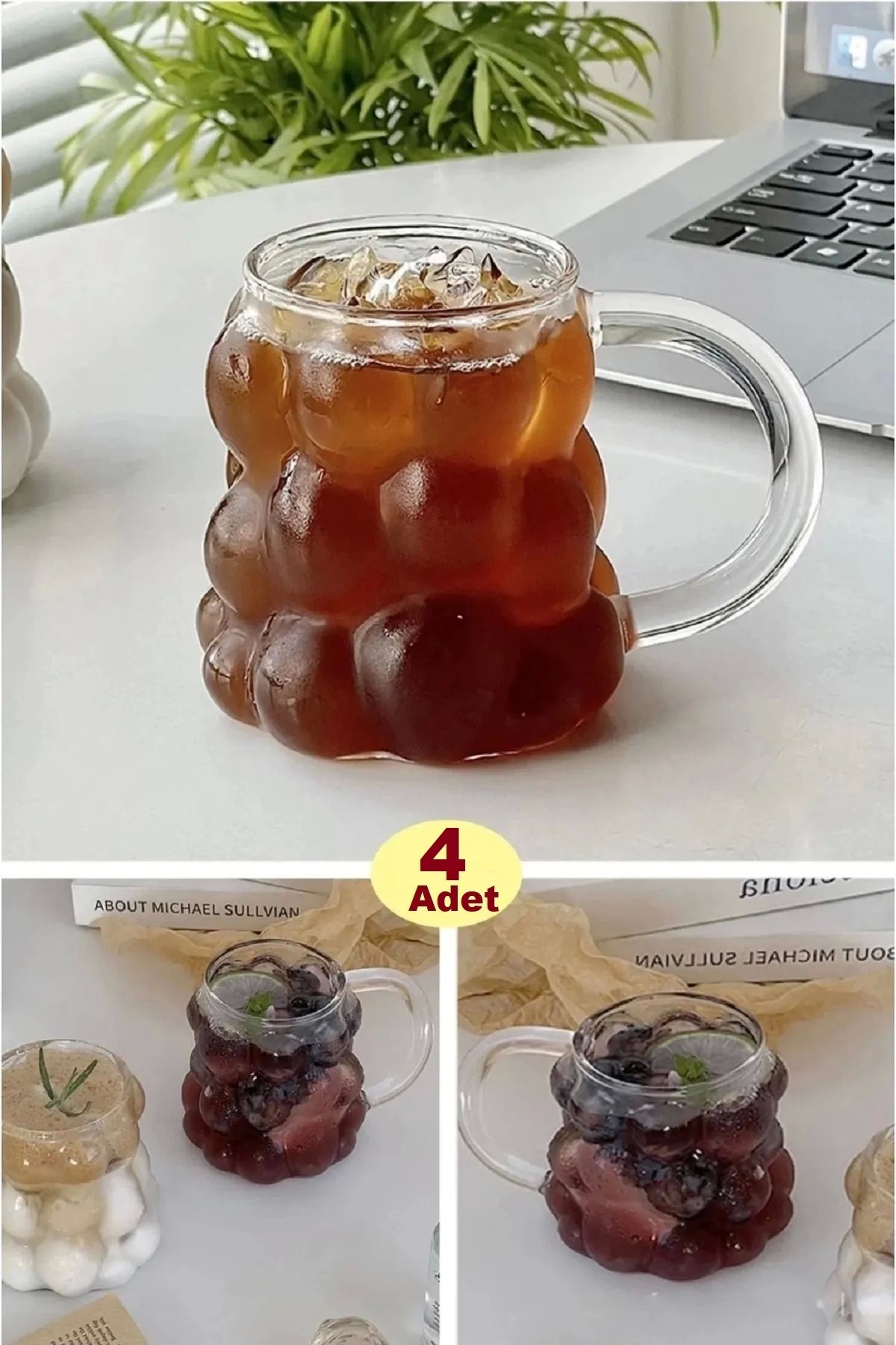 Berdina Home-Set of 4 Beaded Glass Cups - 350 ml.Soft Drink Water and Coffee Glass 1