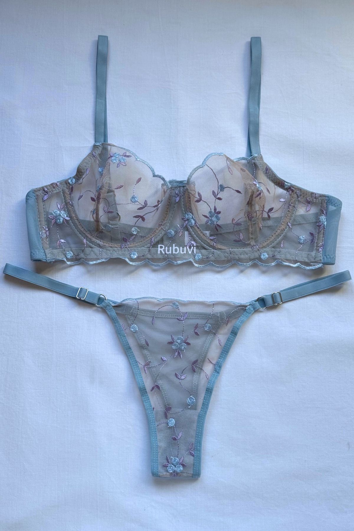 Rubuvi-الأزرق الأزهار Underwire Ruched تول Bralet المهر الملابس الداخلية الصدرية مجموعة الملابس الداخلية 2