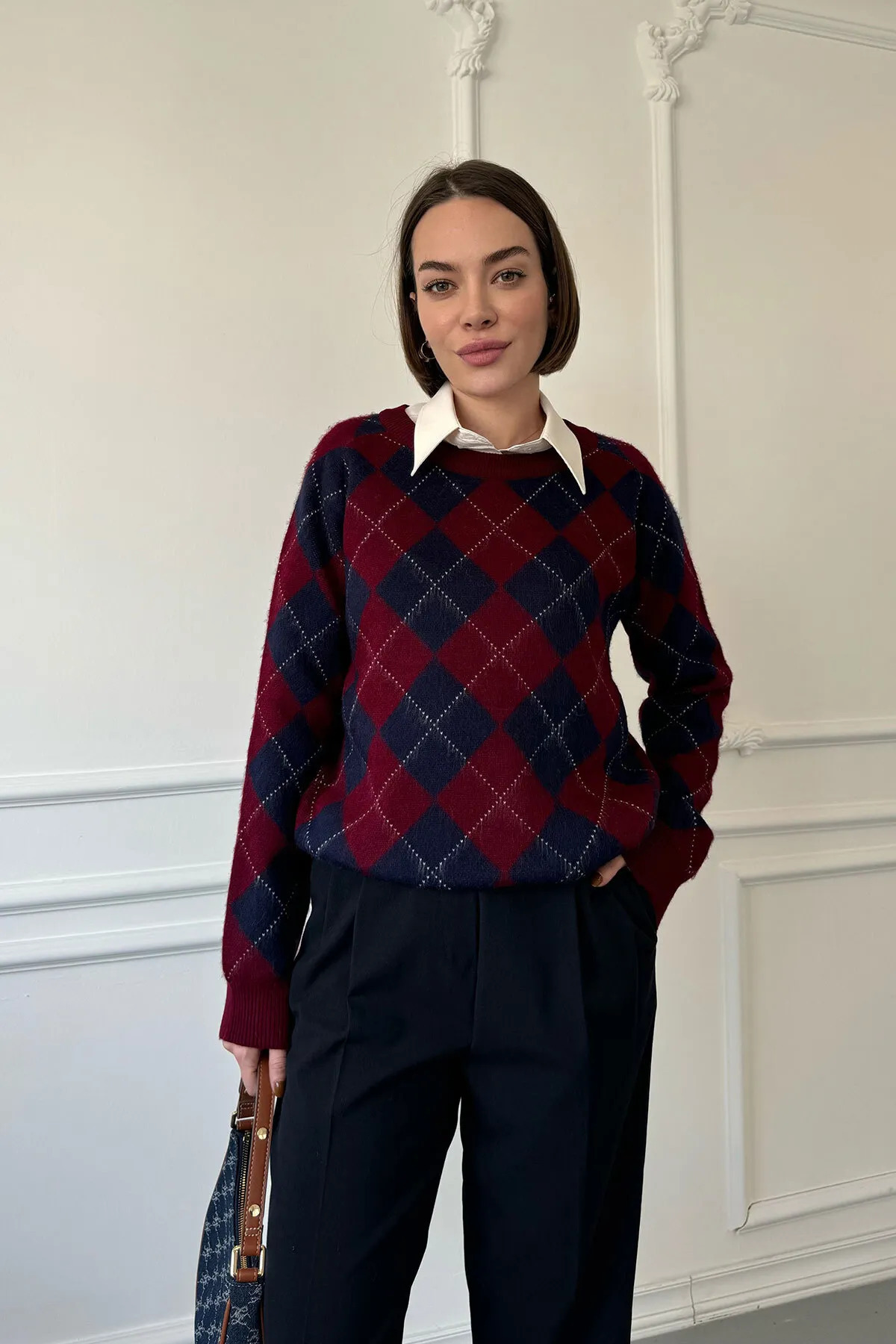 Nisantasimoda  Kadın Omuz Dikişli Baklava Desen Triko Kazak - Görsel 2