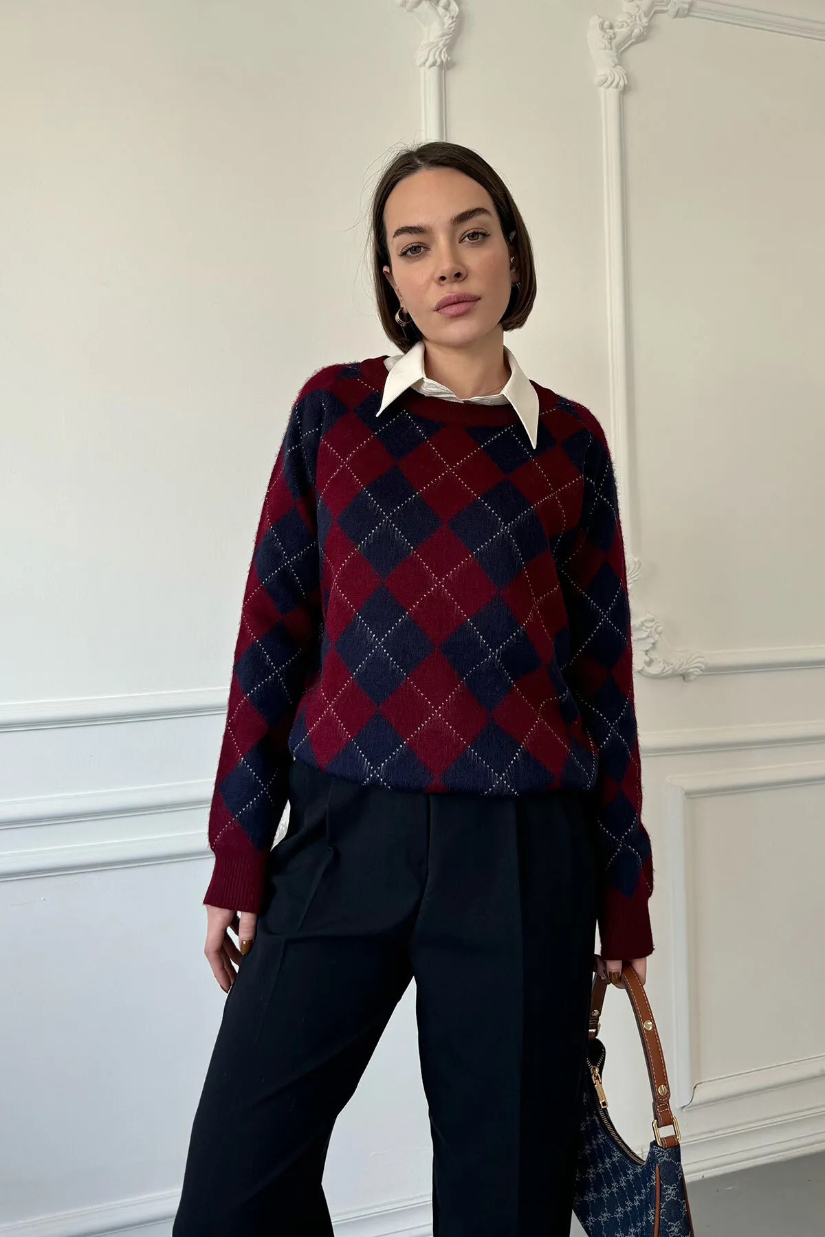 Nisantasimoda  Kadın Omuz Dikişli Baklava Desen Triko Kazak - Görsel 4