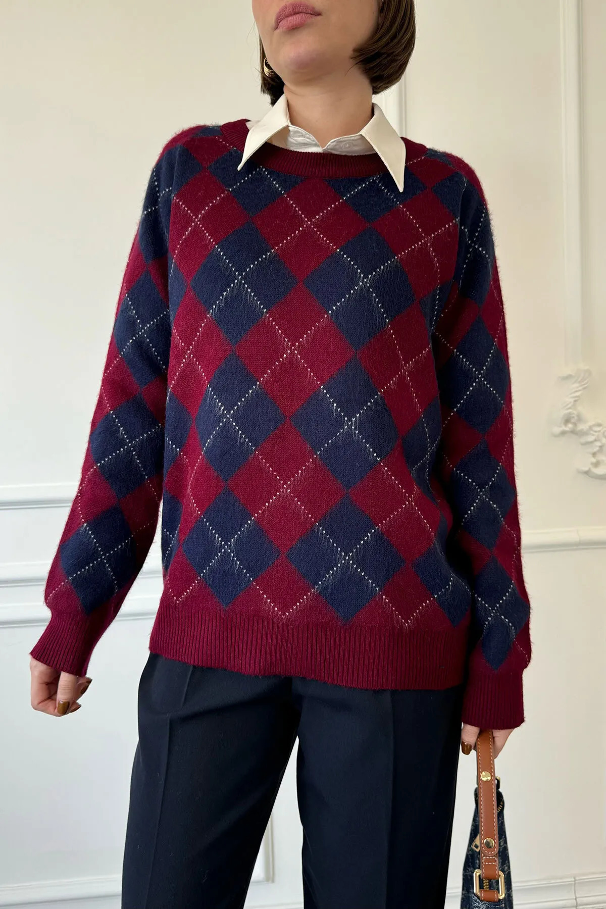 Nisantasimoda  Kadın Omuz Dikişli Baklava Desen Triko Kazak - Görsel 3