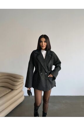 chwain Kadın Siyah Balıksırtı Detaylı Ayarlanabilir Kısa Kaban