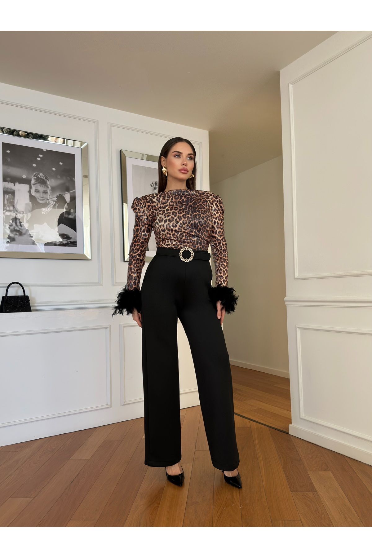 1Moda1Tarz-Leopard Print Sequined Fabric - Lining Design Jumpsuit Dress with Openwork Sleeves and Belt 7