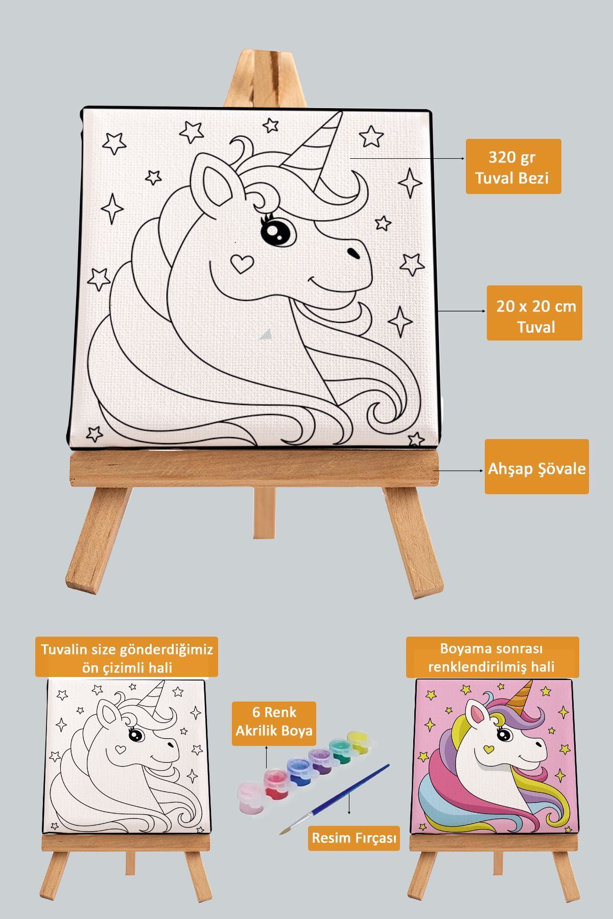 PAMUK'S DESİGN Sevimli Unicorn, Çocuk Eğitici Tuval Boyama Hobi Seti-9217