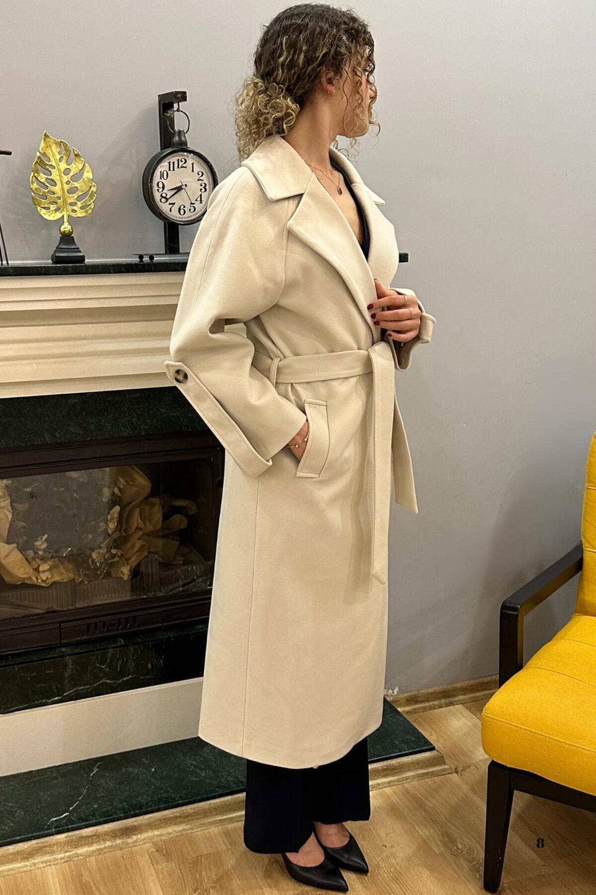 SeHlen Butik  Bej Kol Apoletli Kaşe Palto - Görsel 4