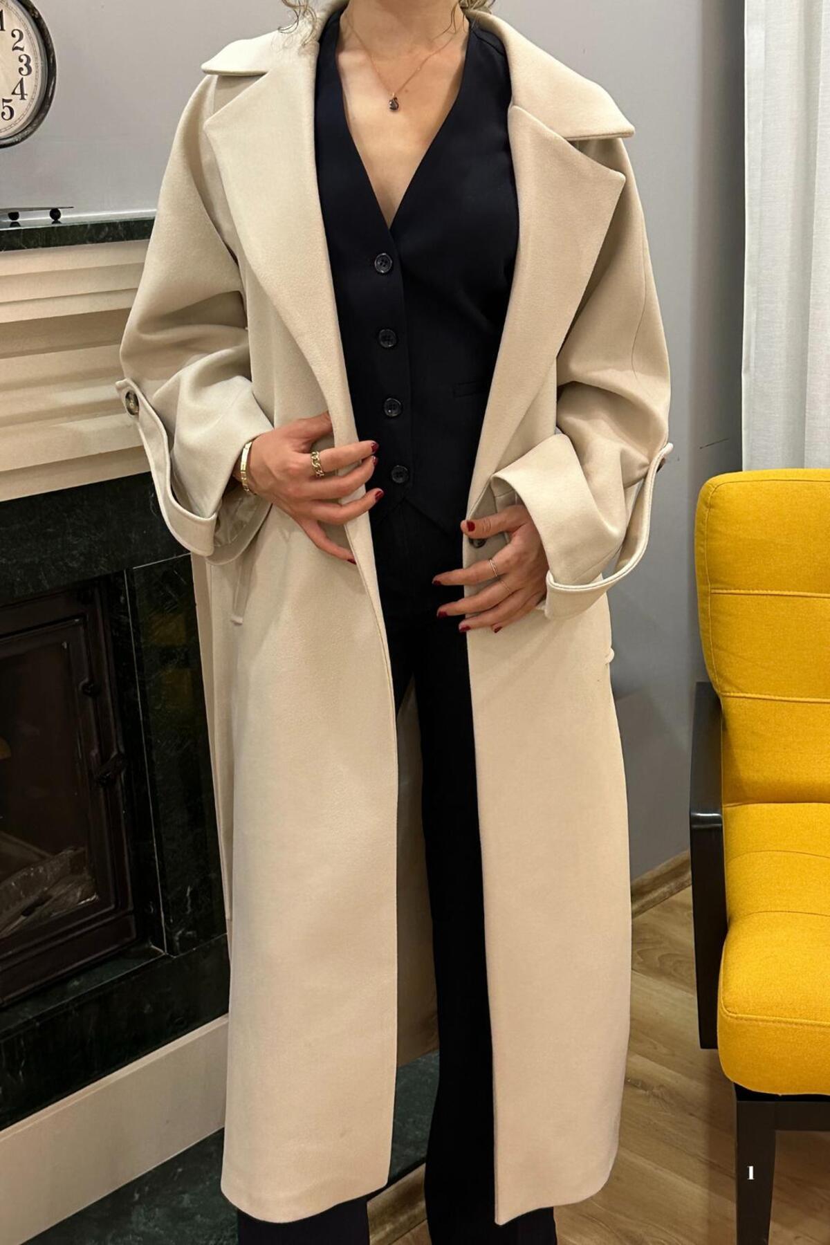 SeHlen Butik  Bej Kol Apoletli Kaşe Palto - Görsel 6