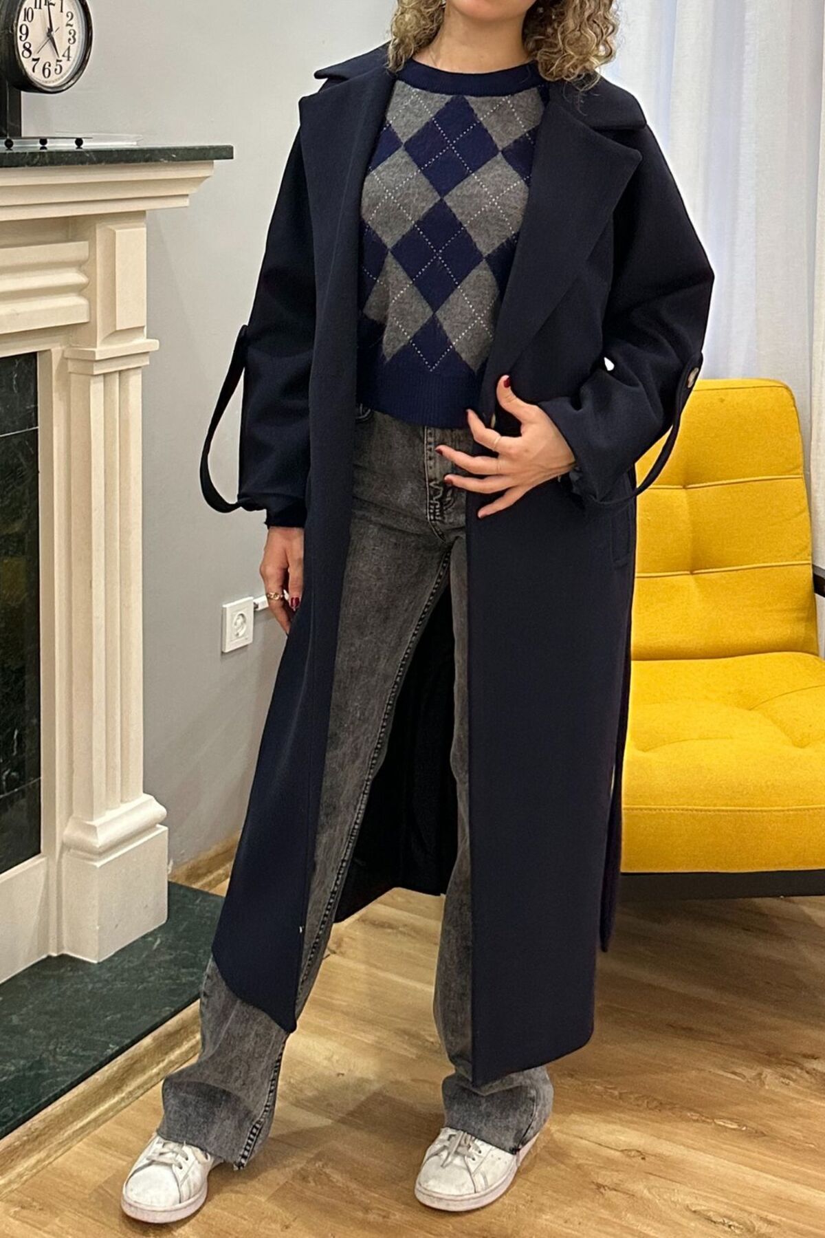 SeHlen Butik  Lacivert Kol Apoletli Kaşe Palto - Görsel 4