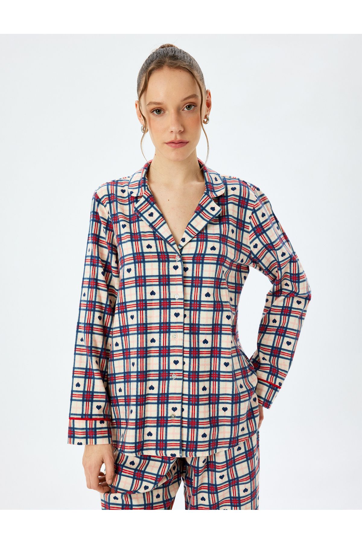 Koton-Langärmliges Pyjama-Oberteil aus Baumwolle mit Hemdkragen und Herzen 3