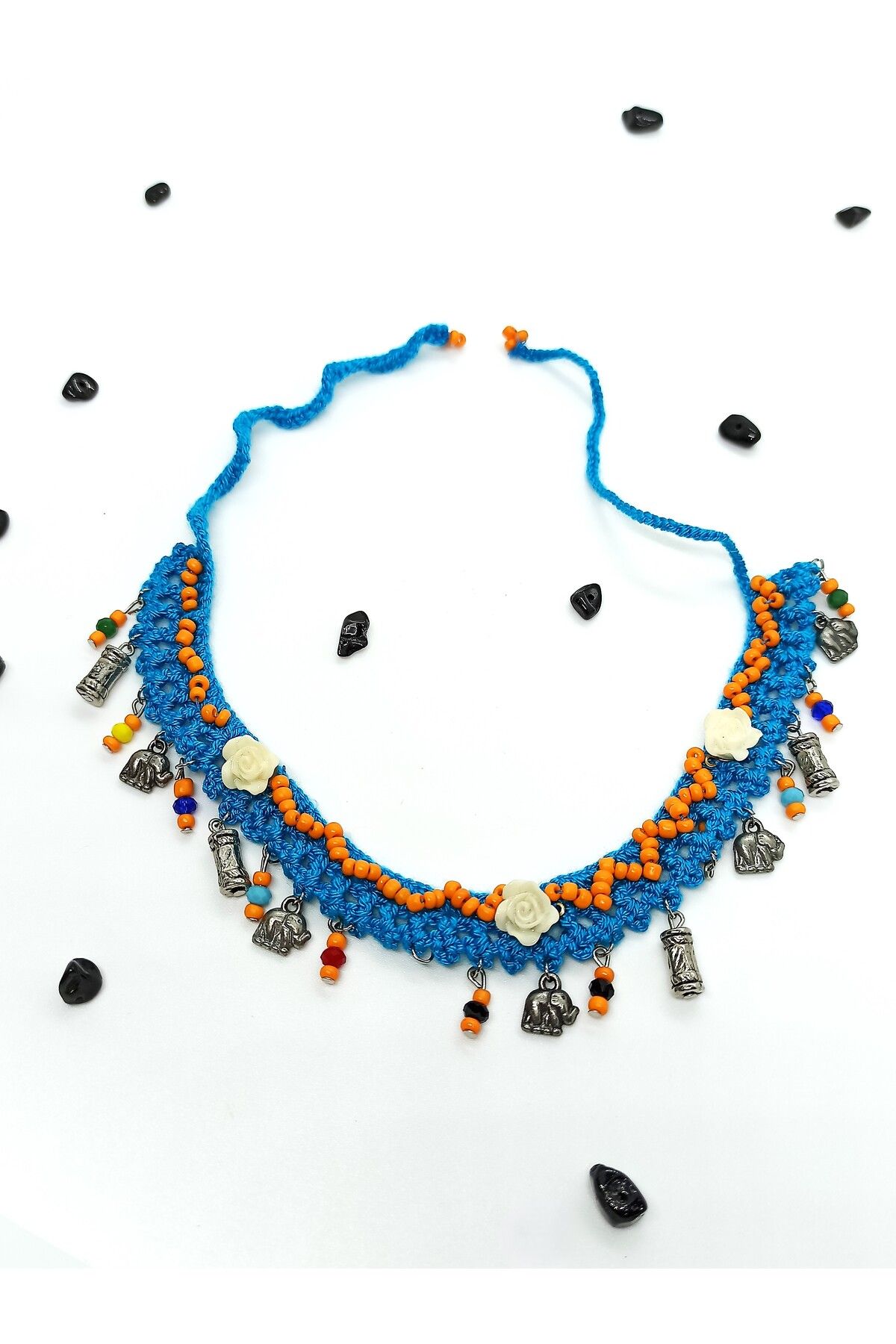 COOL&RELAX-Handmade Blue Knitted Orange Bead Detailed Both Choker Necklace Both Ankle 1