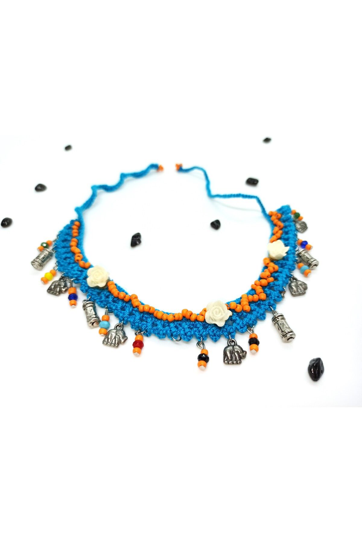 COOL&RELAX-Handmade Blue Knitted Orange Bead Detailed Both Choker Necklace Both Ankle 5