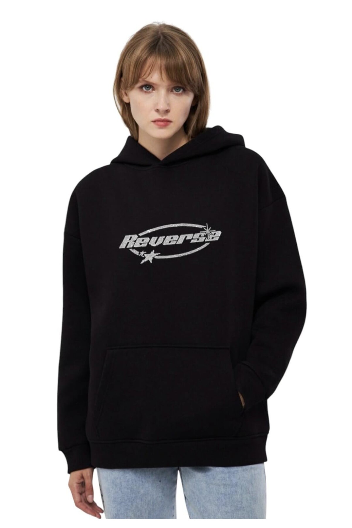 Unisex Basic Sweatshirt Kapşonlu Hoodie Reverse Taş Baskılı  %100 Pamuklu — مشکی 5MODAIŞIK154