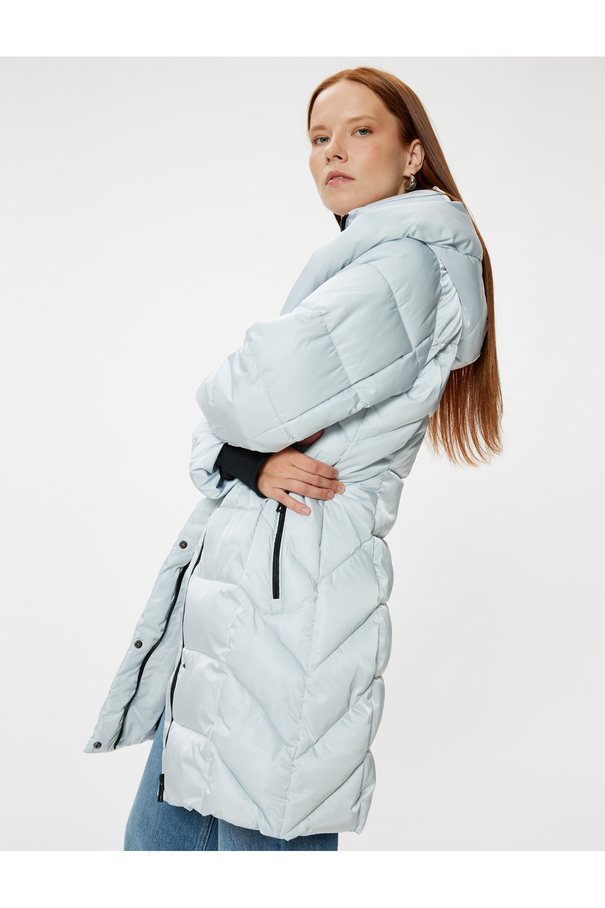 Koton  Uzun Kapitone Şişme Mont Kapüşonlu Cepli Fermuarlı