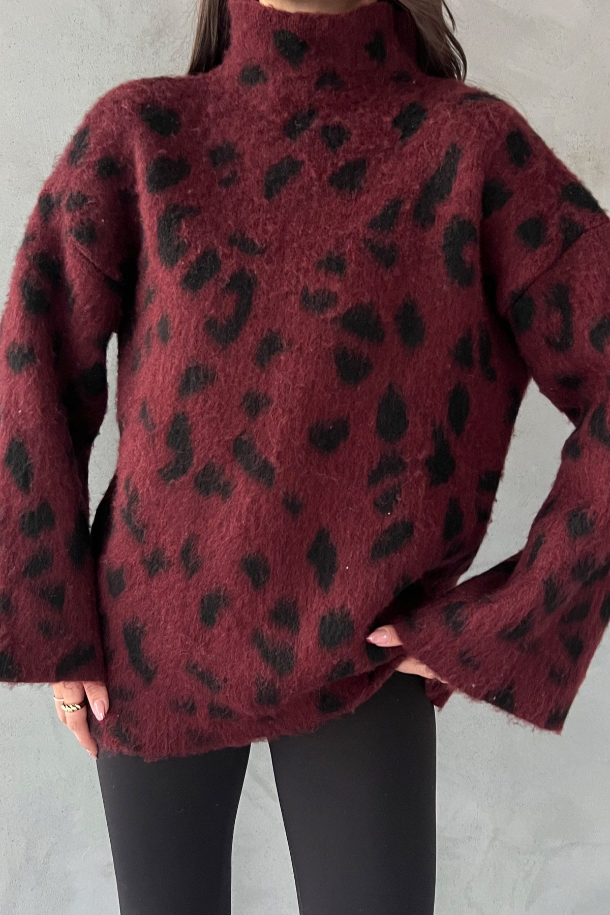 Seda Yalçın Atelier-Burgundy Leopard Pattern Half Fisherman Knitwear Sweater 4