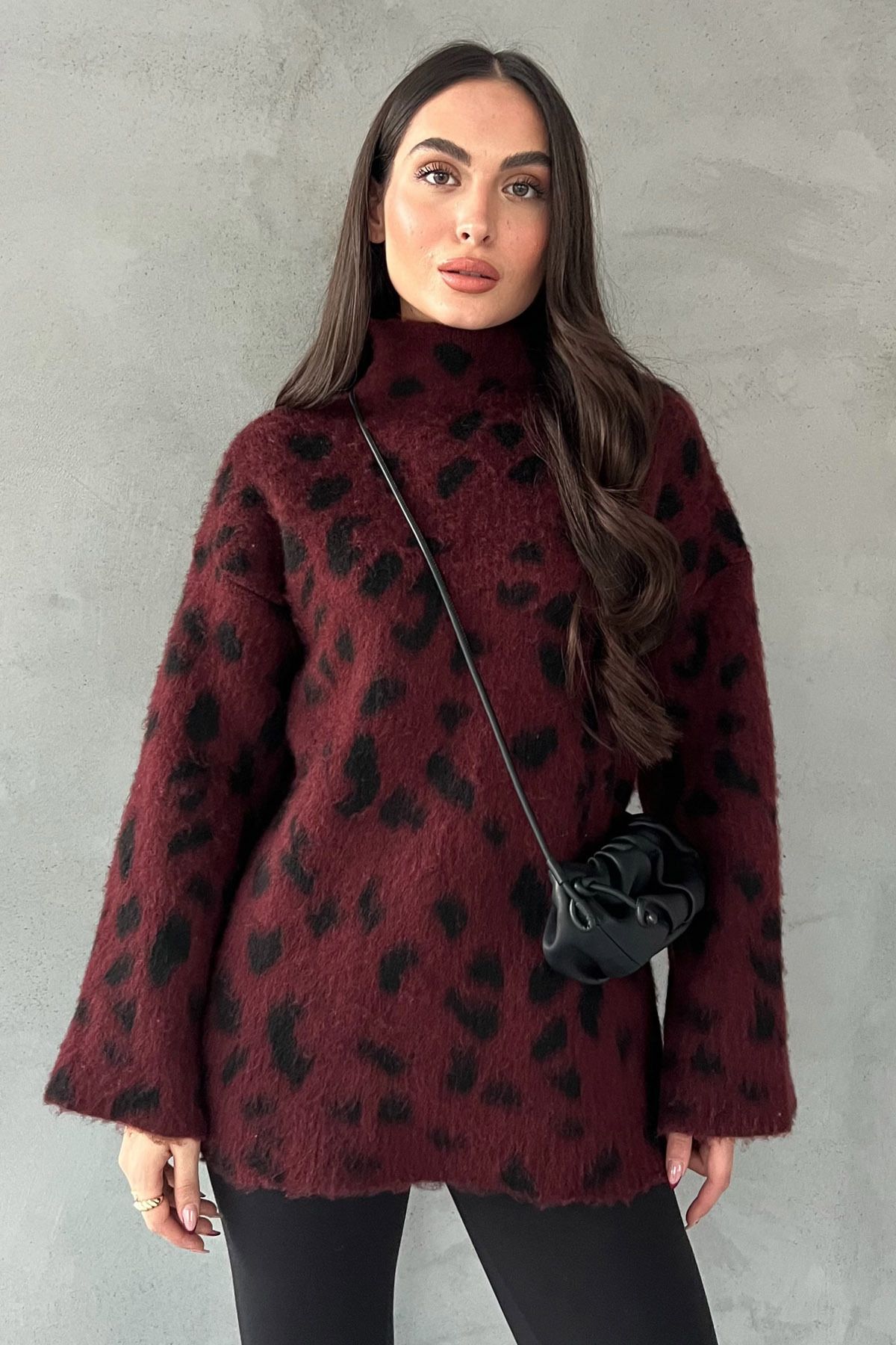 Seda Yalçın Atelier-Burgundy Leopard Pattern Half Fisherman Knitwear Sweater 3