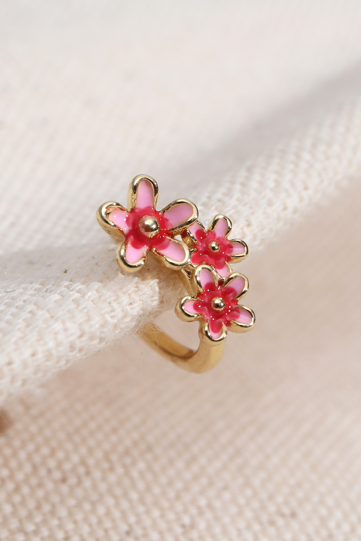 Gold Color Cartilage Earrings with Pink Enamel Flower Figure