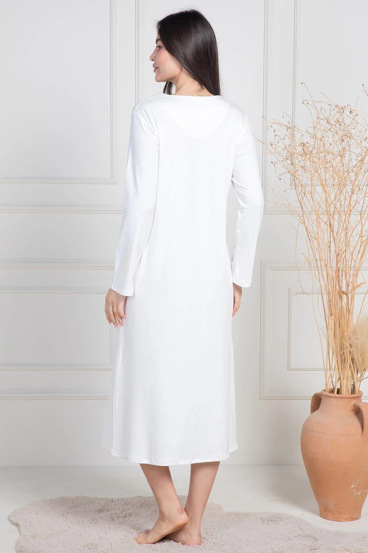 Mecit Pijama-Women's Long Sleeve Button Collar Oversize Cotton Nightgown 4