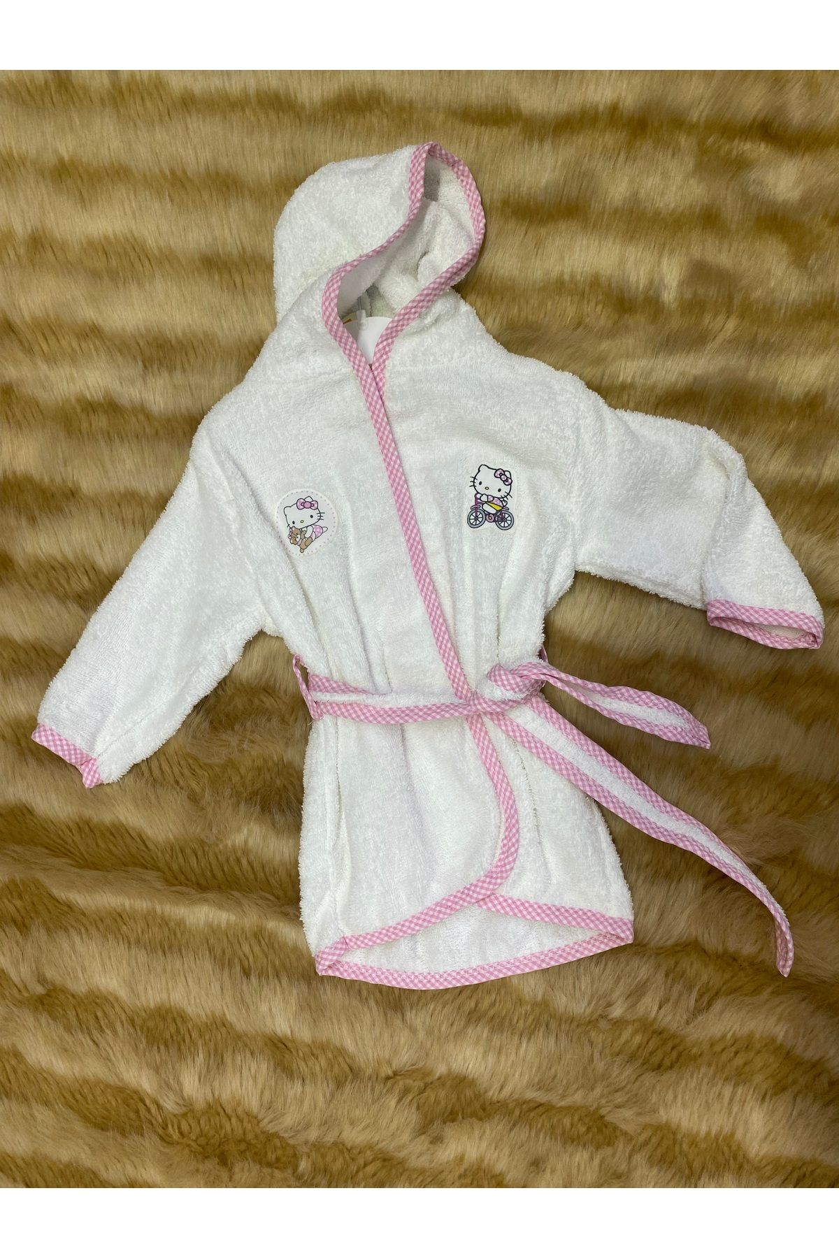 skycott-Girls' Bathrobe with Hood and Sash 100% Cotton with Cat Print 1