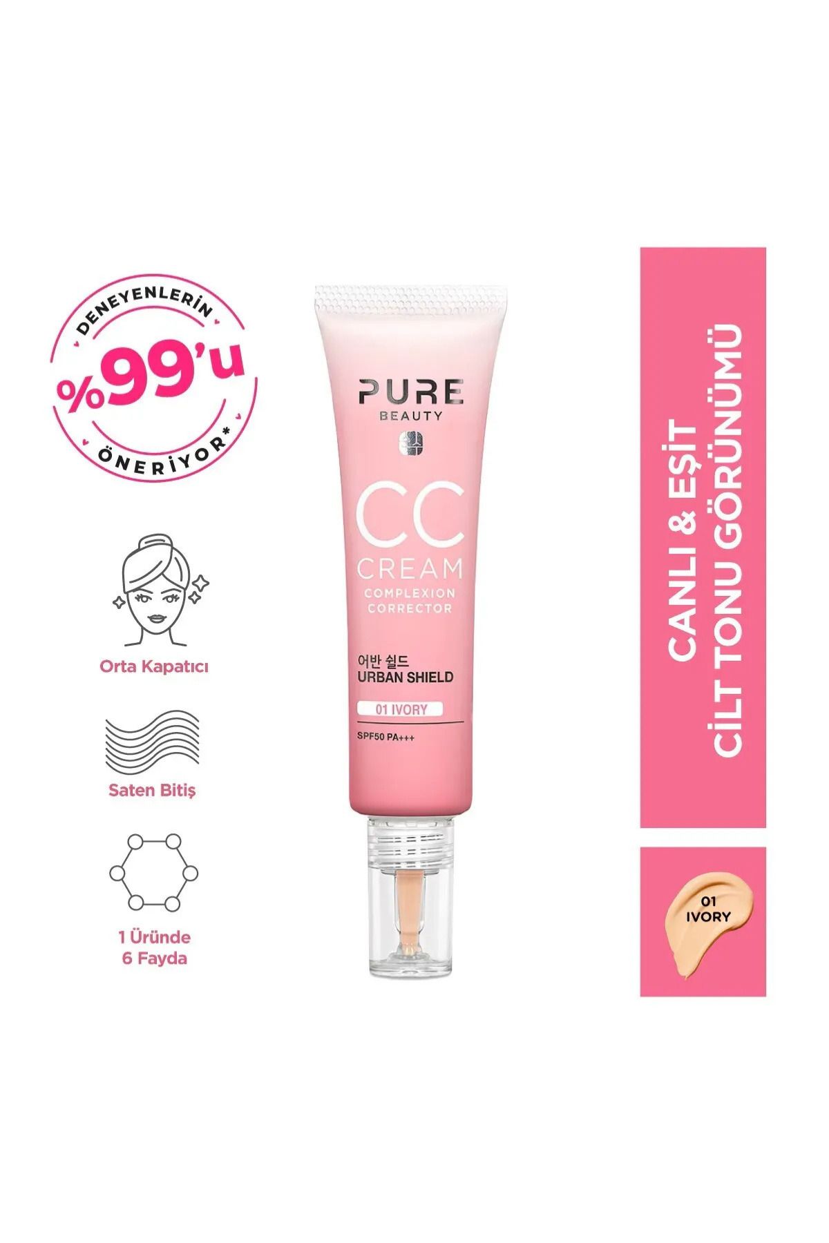 PURE BEAUTY Canlı Ve Eşit Cc Krem Spf50 Pa Ivory 30 ml