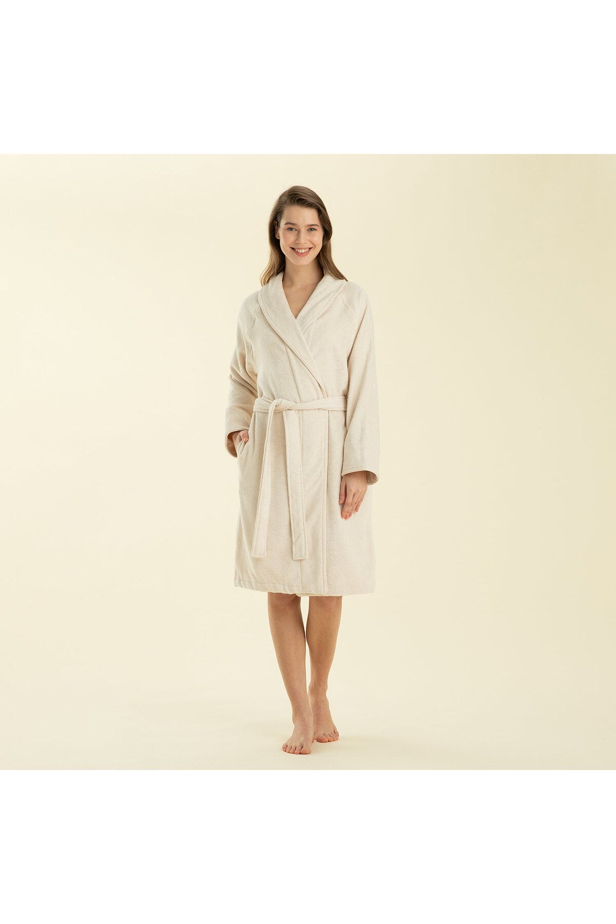 Chakra-Solid Unisex Bathrobe Ecru 2