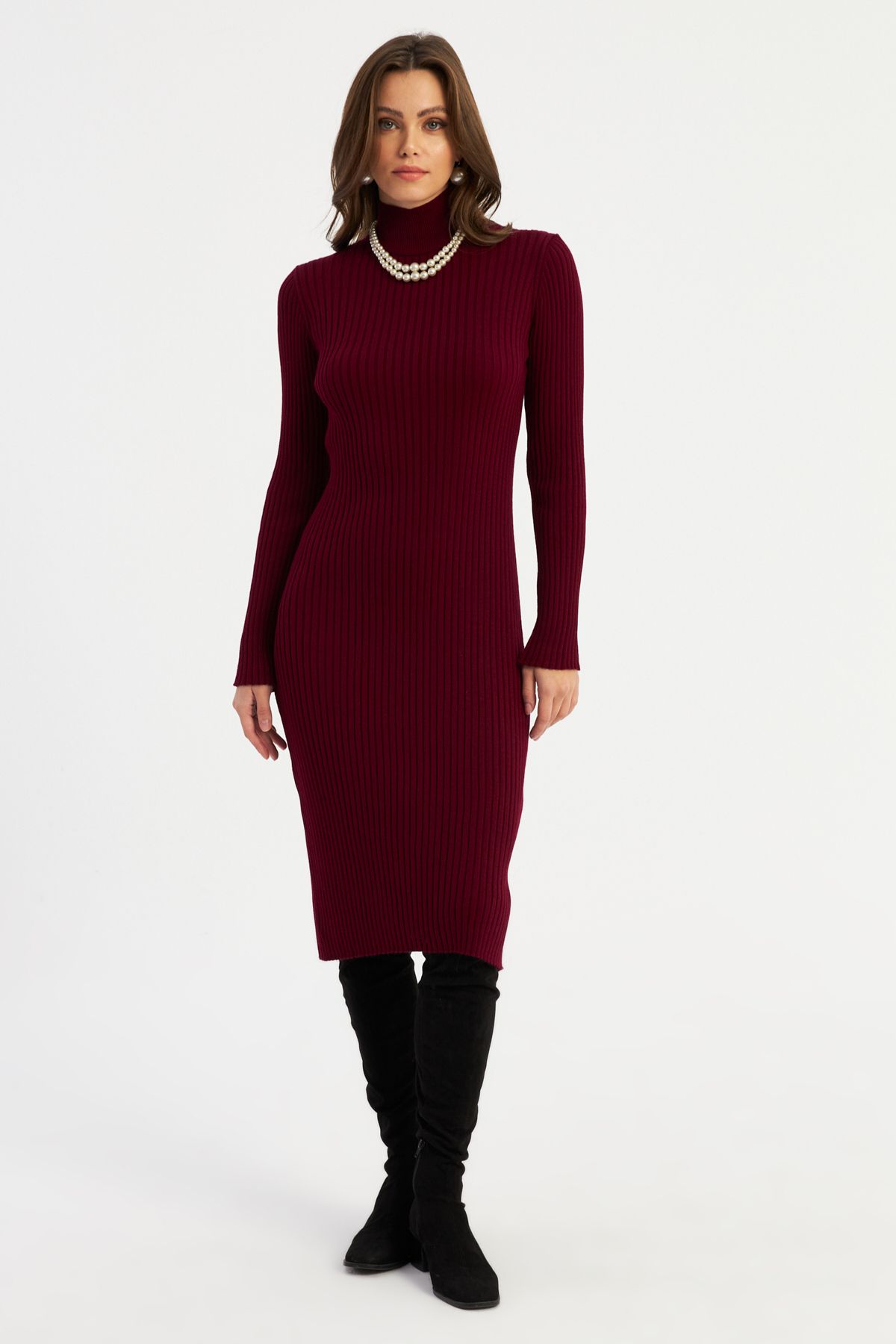 Kadın Bordo Triko Midi Elbise YV303