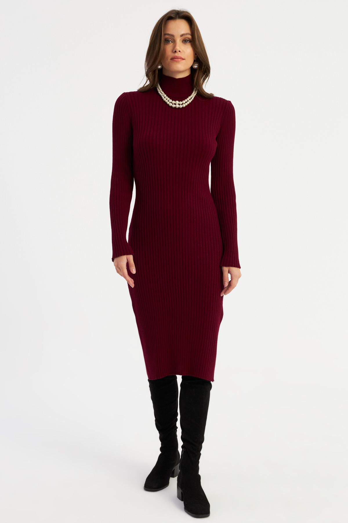 Kadın Bordo Triko Midi Elbise YV303