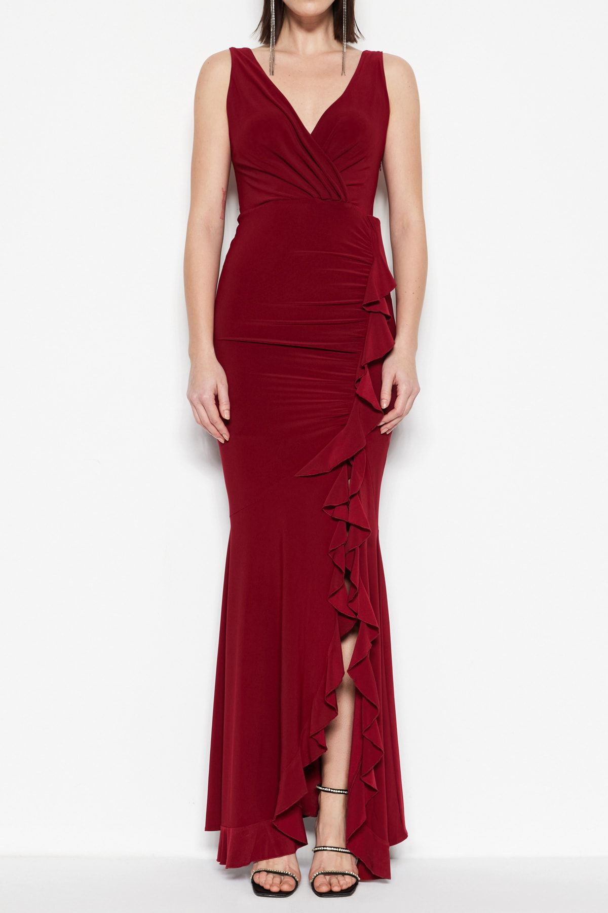 Trendyol Collection-Bordó testhez simuló Flounces estélyi ruha éjszakai ballagási ruha TPRSS19UT0026 4