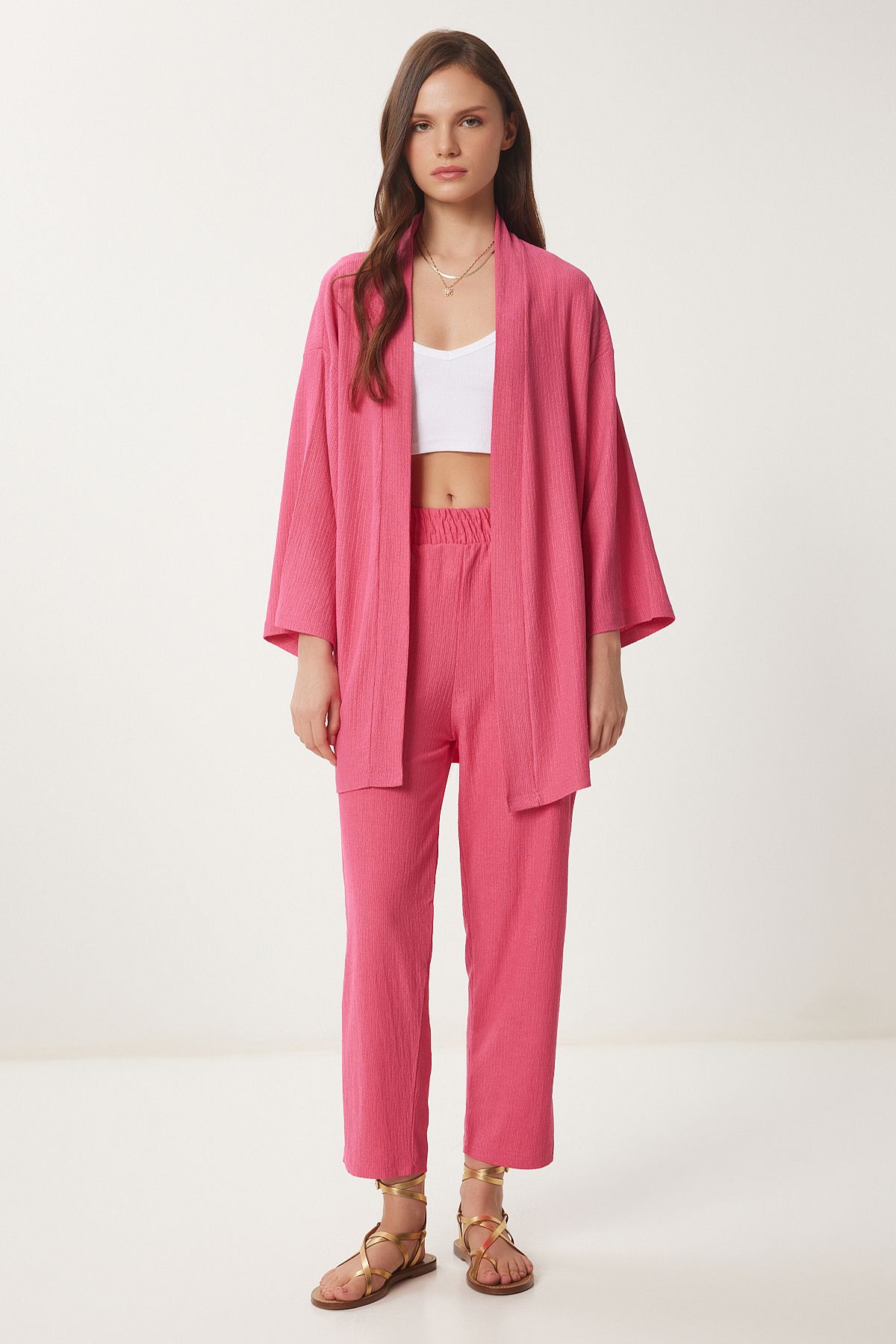 Happiness İstanbul Damskie ciemnoróżowe spodnie kimono z dzianiny BY00050