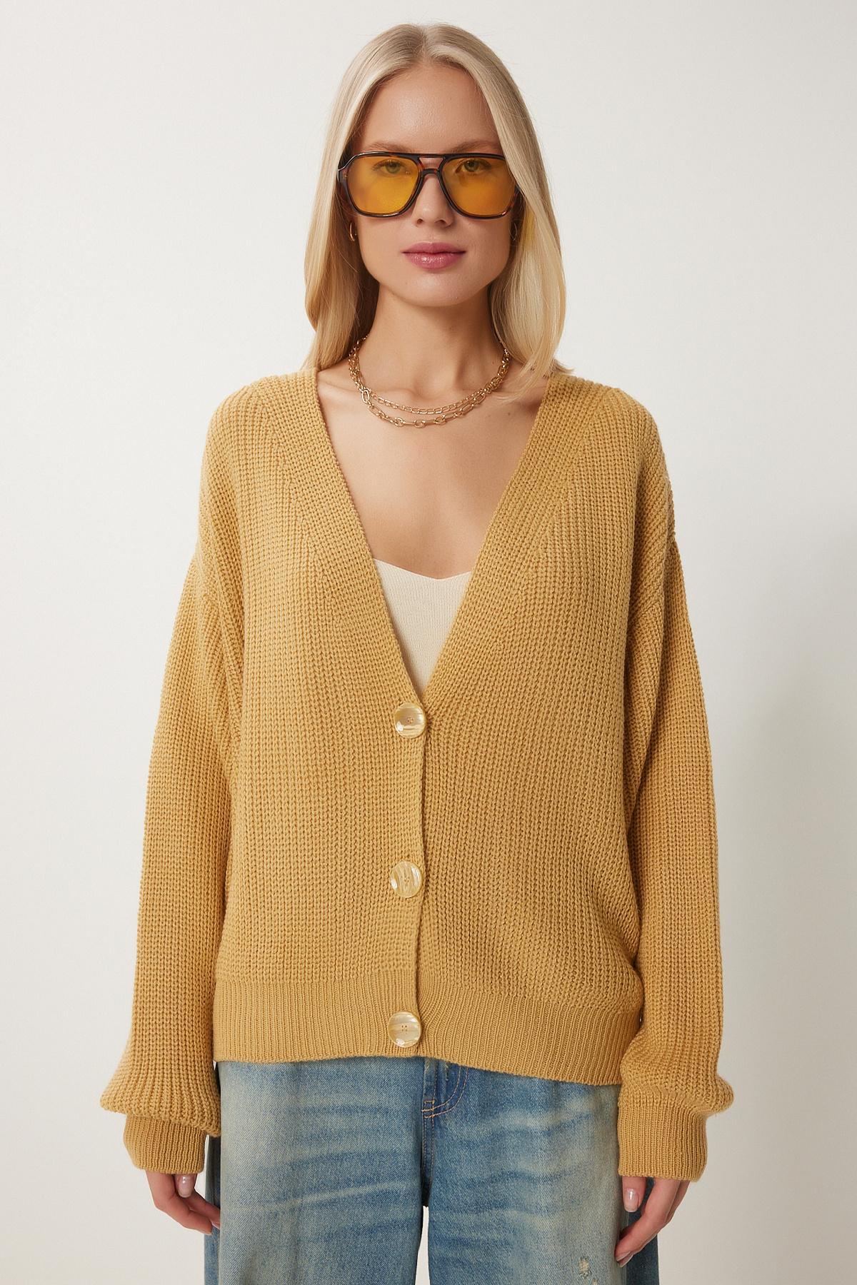 Happiness İstanbul-Senffarbene Strickjacke mit V-Ausschnitt und Knöpfen für Damen MX00175 4
