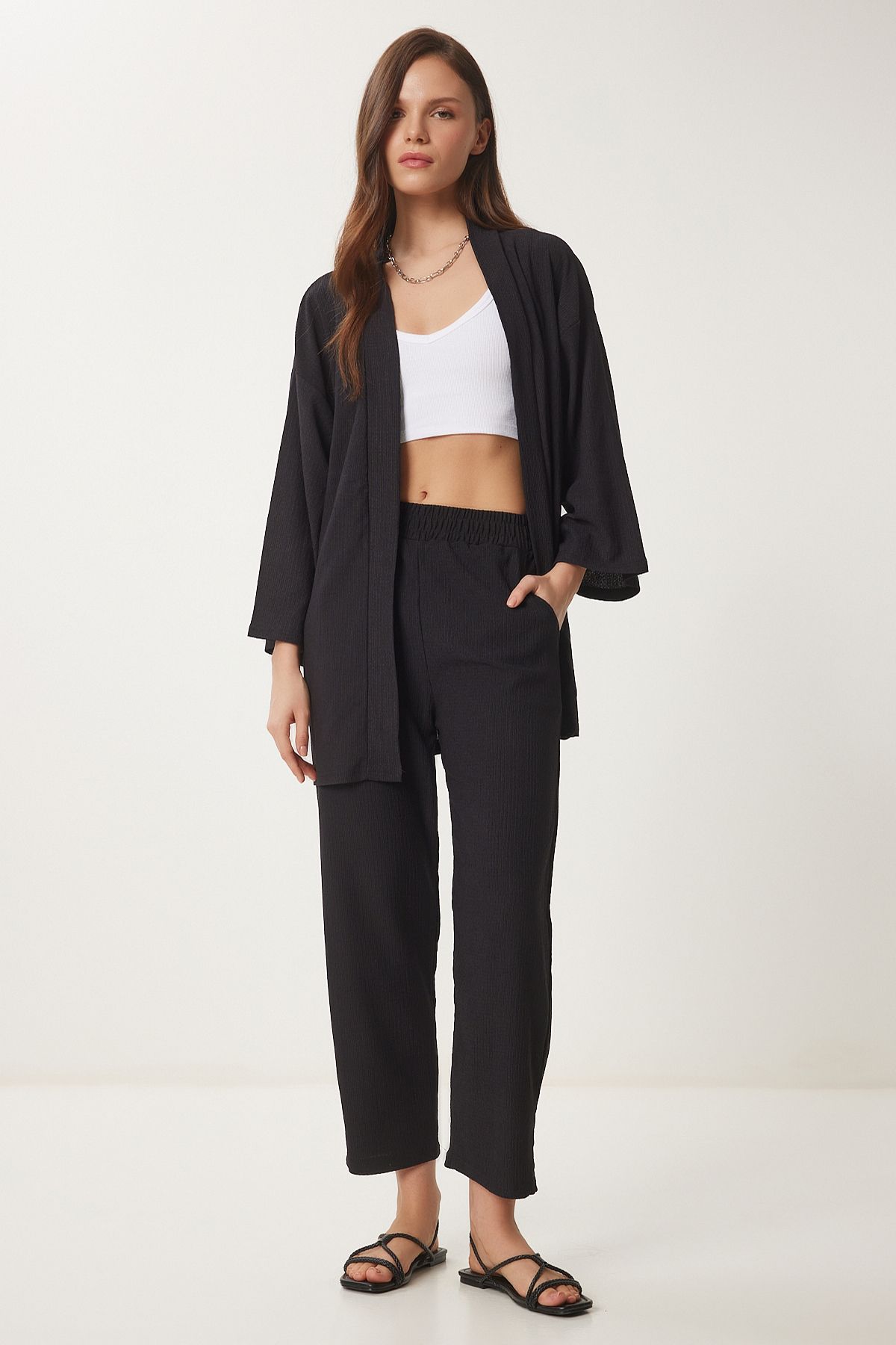 Happiness İstanbul-Schwarzes Strickset mit Kimonohose für Damen BY00050 2