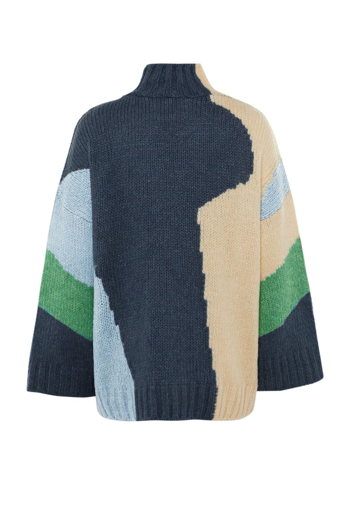 Trendyol Collection-Strickpullover, weit geschnitten mit weichem, strukturierten Color-Blocking-Muster, blau TWOAW20XS0047 8