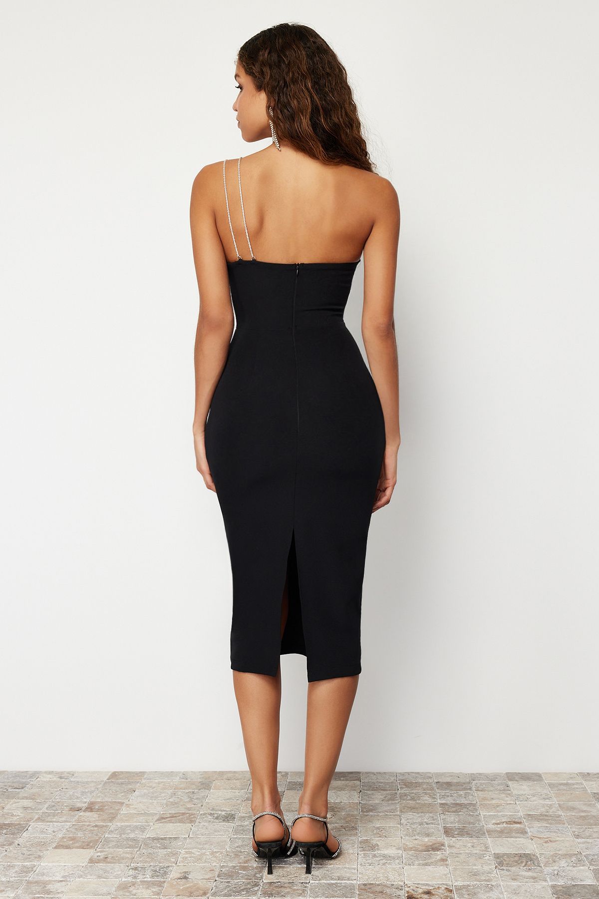 Trendyol Collection-Rochie de seară elegantă, neagră, cu țesătură cu pietre strălucitoare, rochie de absolvire de noapte TPRSS24EL00042 6
