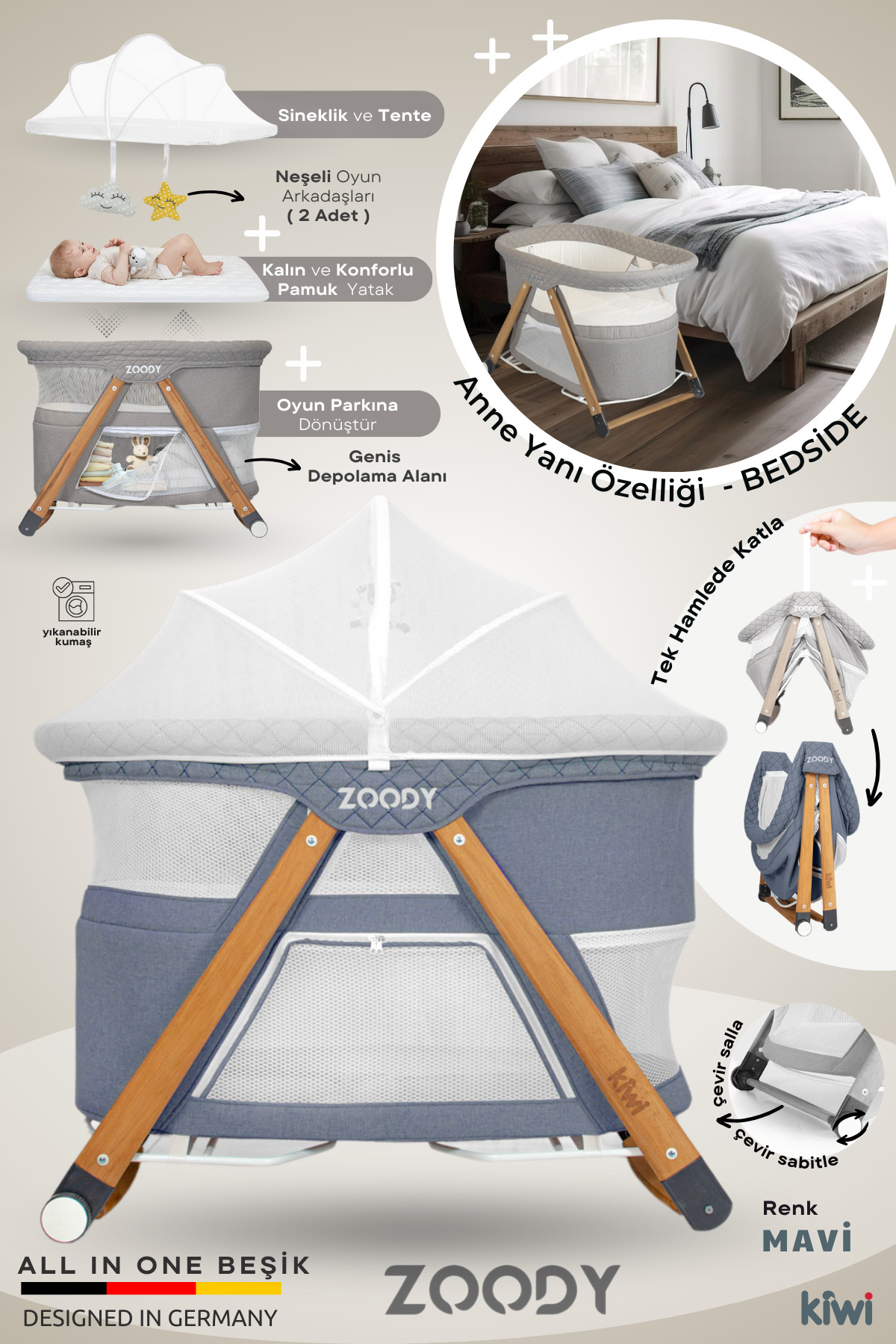 Kiwi Zoody Park Yatak ve Oyun Parkı Bebek Beşiği, Anne Yanı Beşik, Park Beşik, Sallanan Beşik - Mavi Renk