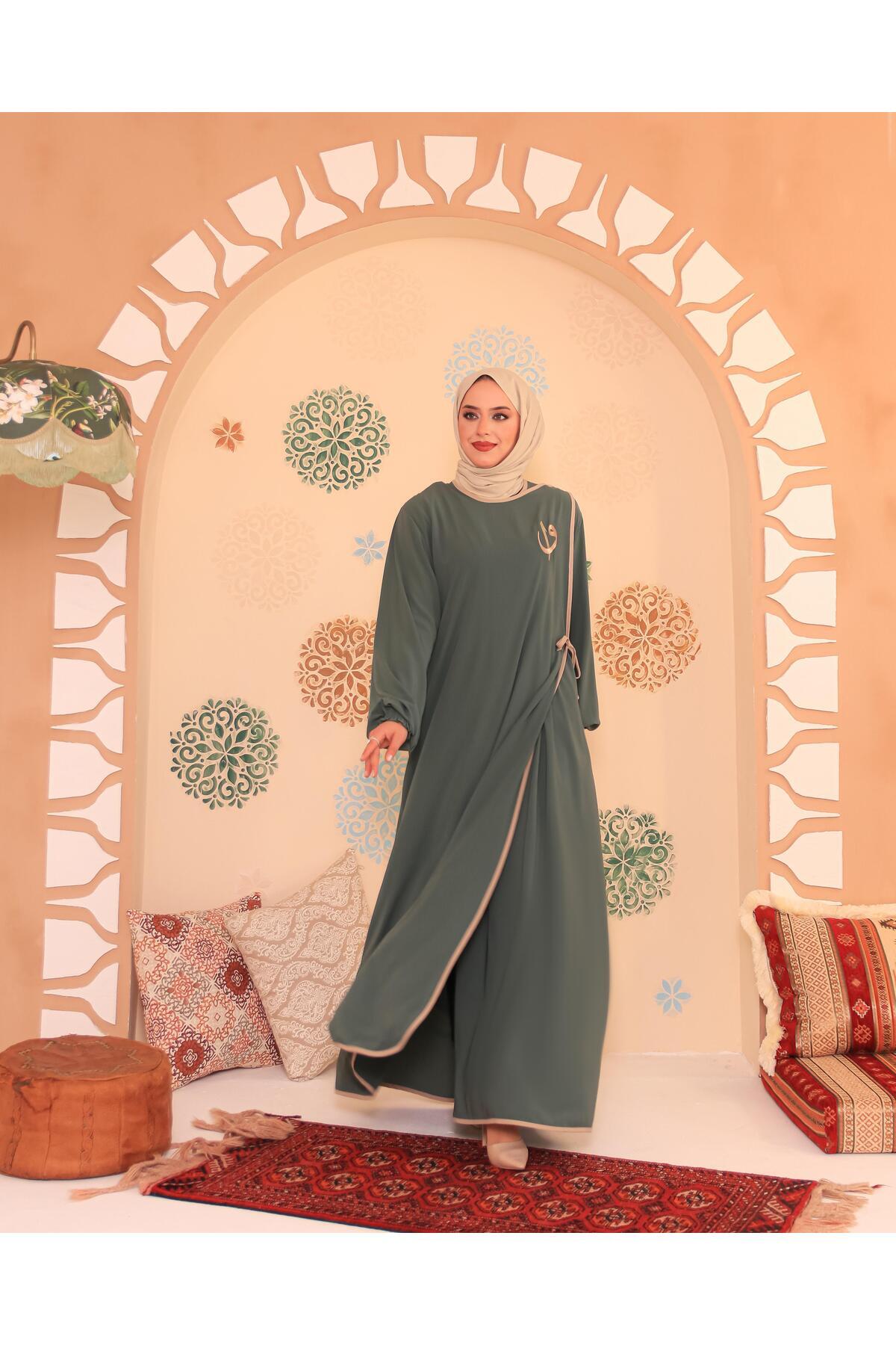 Berel Moda Elif Vav Nakışlı Çıtçıtlı Ferace Mint Yeşili