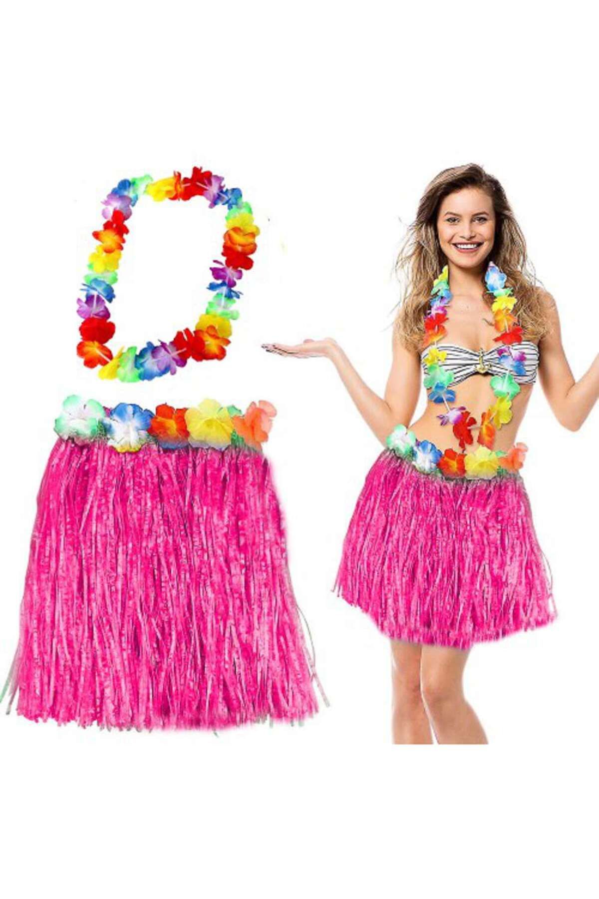 STARSTUFFS Hawaii Luau Aloha Pembe Püsküllü 40 cm Etek ve Hawaii Kolye Seti