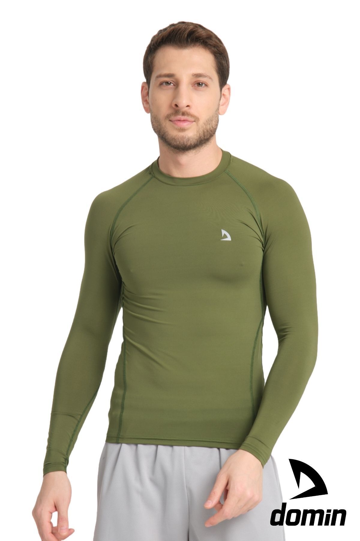 DOMİN SPOR Erkek Uzun Kollu Yeşil Olive Fit Toparlayıcı Compression Spor Body Tshirt