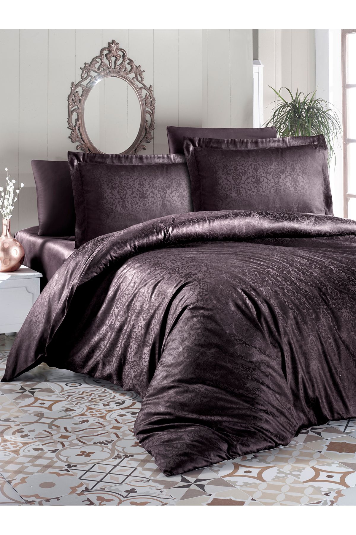 First Choice-Firstchoice Athena Brown - Jacquard Satin Double Bedding Set 1