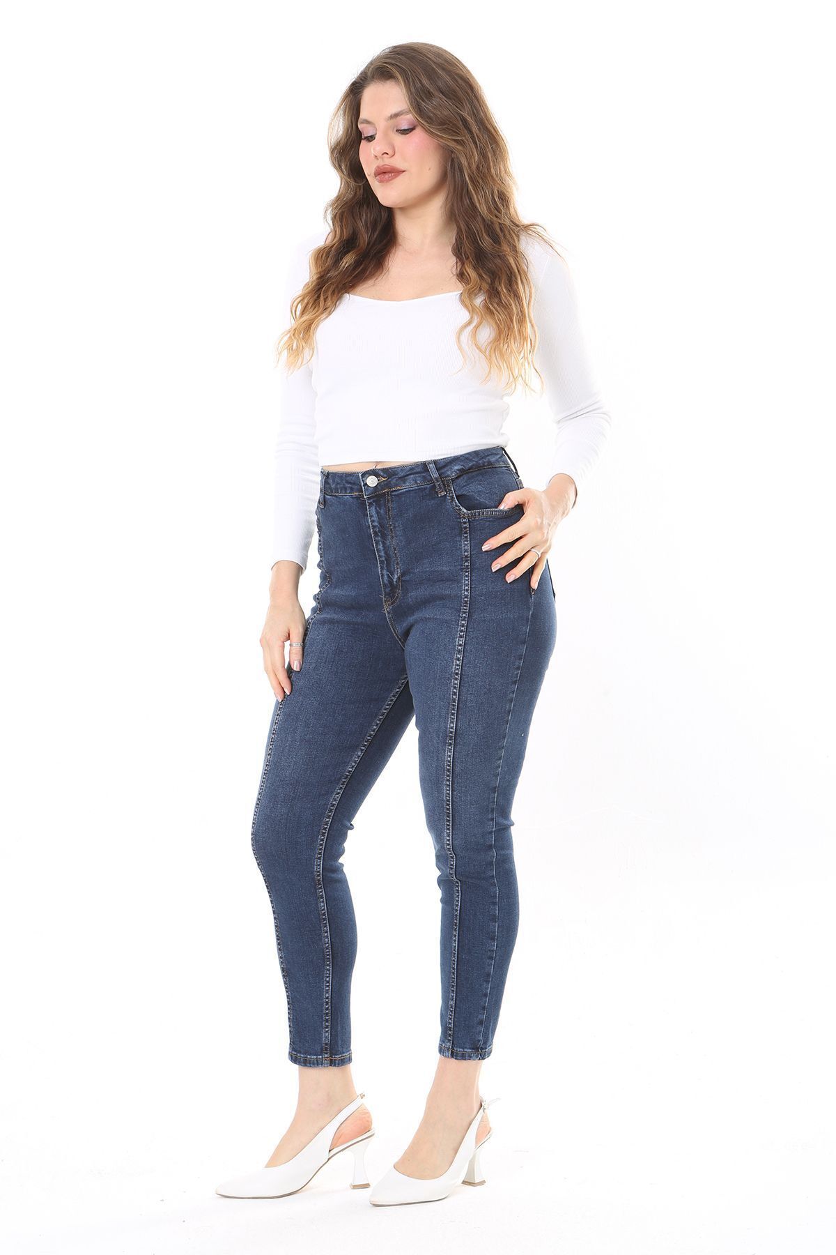 Şans-Magas derekú Lycra farmernadrág – nagyméretű, csészevarrással, vékony lábú 65N38092 5