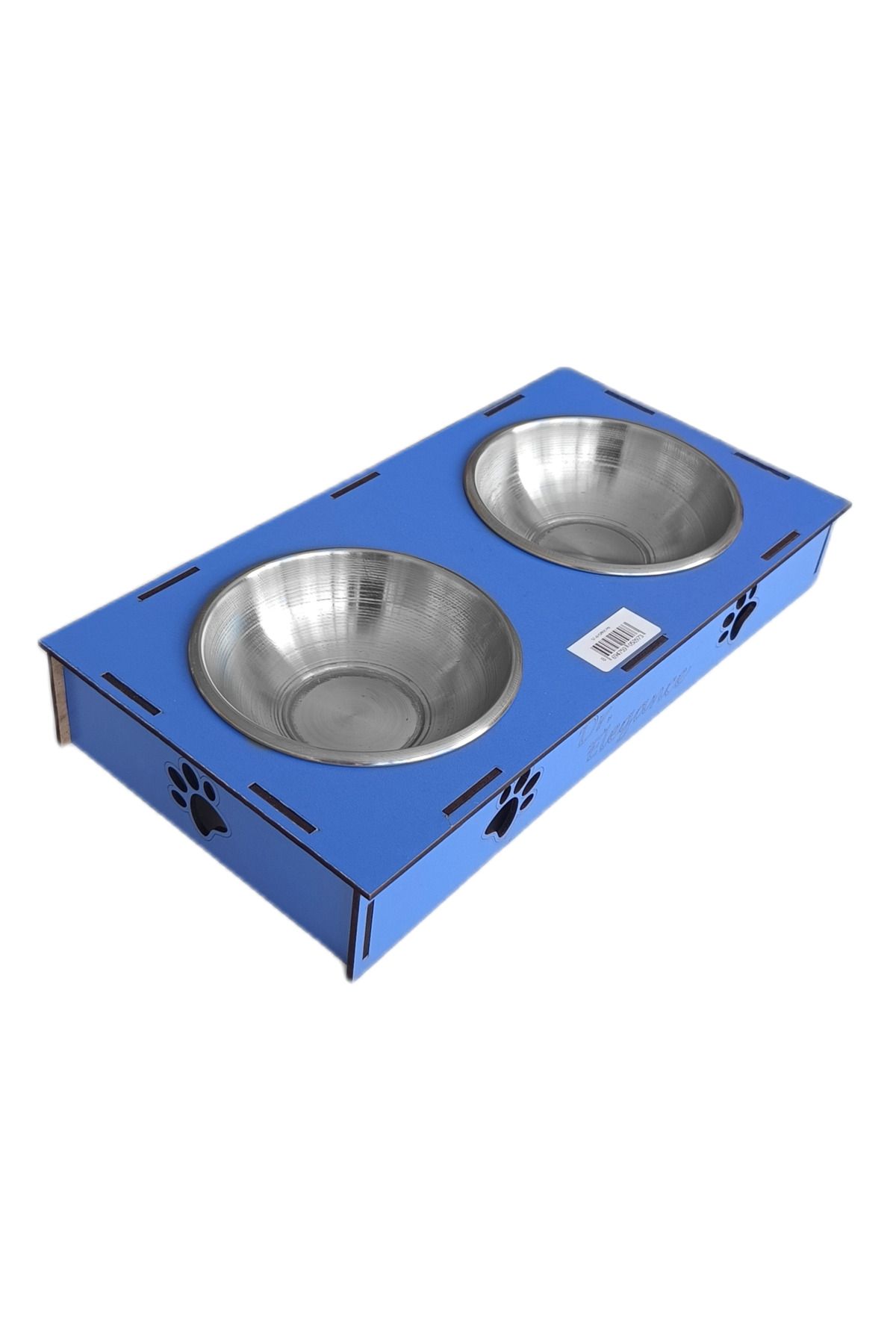 OEM Ahşap Sehpalı İkili Devrilmez Kedi Köpek Su Ve Mama Kabı 34 cm - 300 ml Mavi