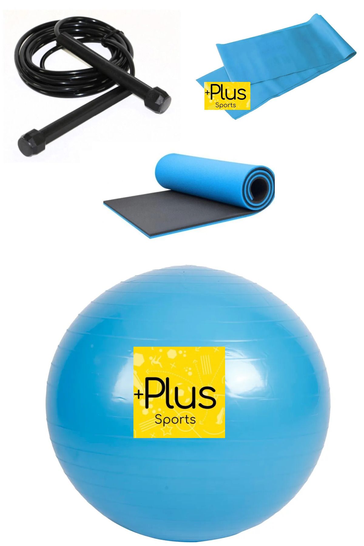 PLUSSPORT 4' LÜ SET PİLATES TOPU - PİLATES MİNDERİ - ATLAMA İPİ - DİRENÇ LASTİĞİ ( ŞİŞİRME POMPASI )