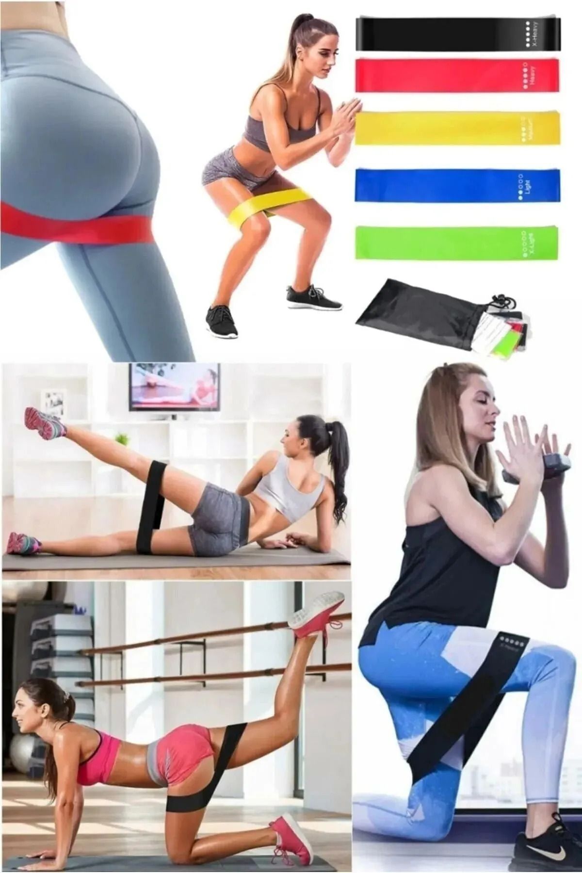 AKTİF SPOR 5 Adet Pilates Bandı Seti Direnç Hafif Orta Sert 5'li̇ Set Pilates Lastiği