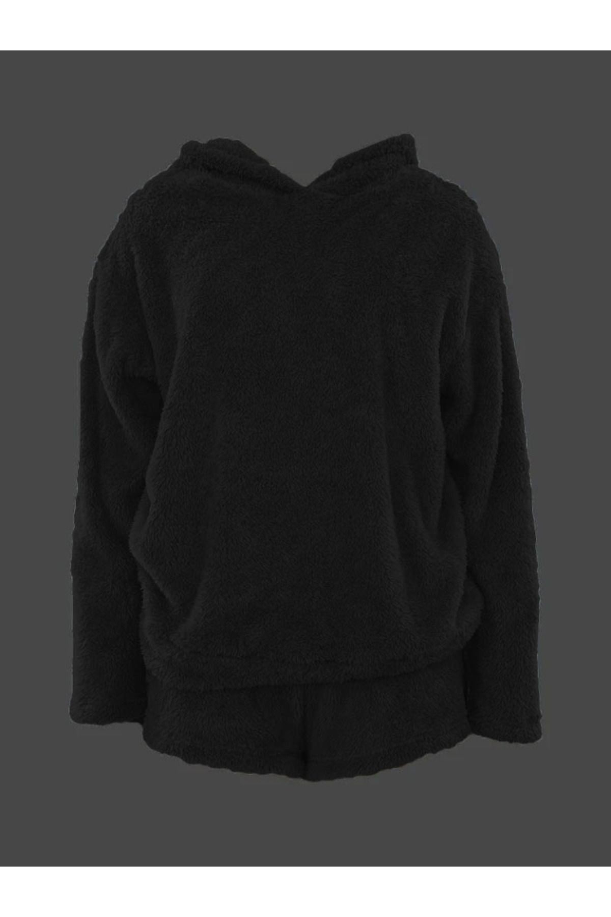 Albayrak Kadın Uzun Kollu Meow Kedi Nakışlı Kapşonlu Peluş Sweat Ve Short Ikili Takım