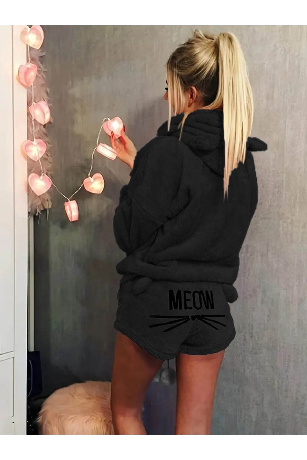 1001moda Kadın Uzun Kollu Meow Kedi Nakışlı Kapşonlu Peluş Sweat Ve Short Ikili Takım