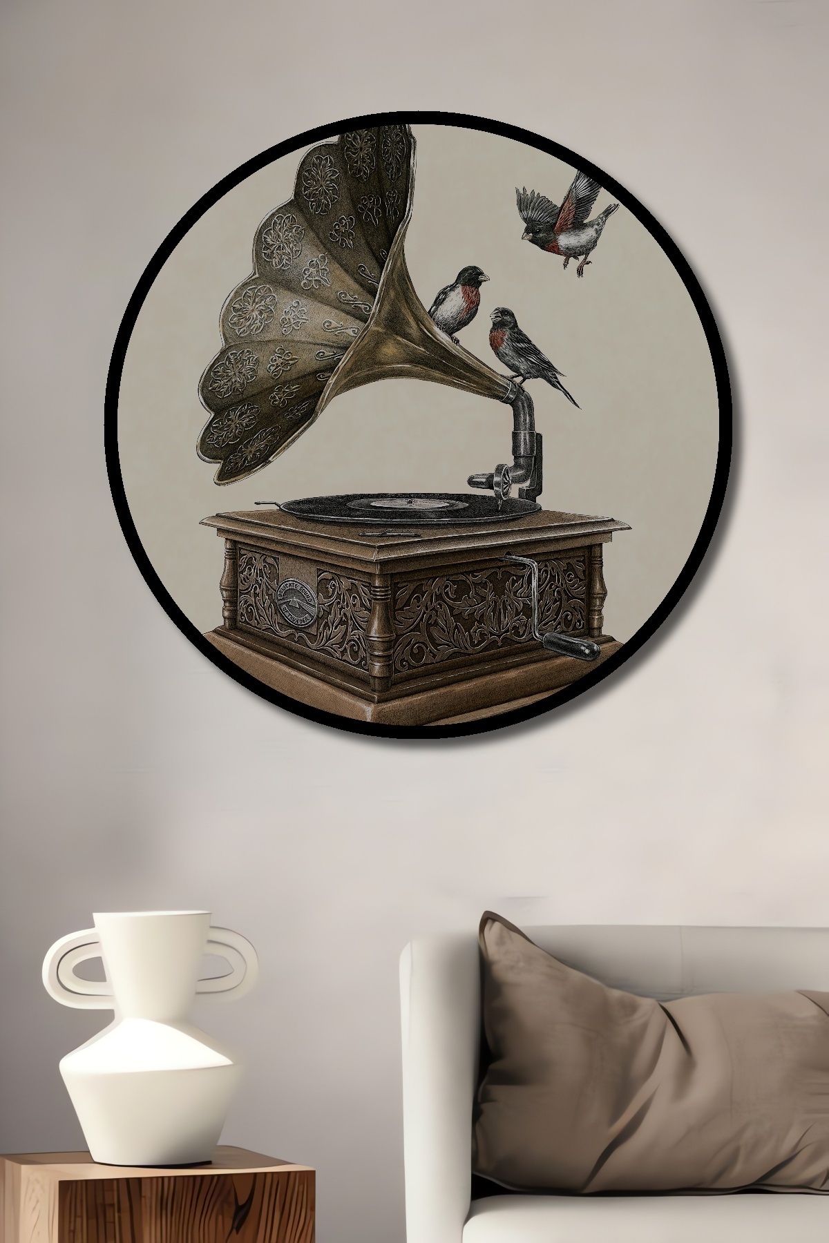 Frame Look Vintage Gramophone and Birds Decorative Wood MDF Table Round Table