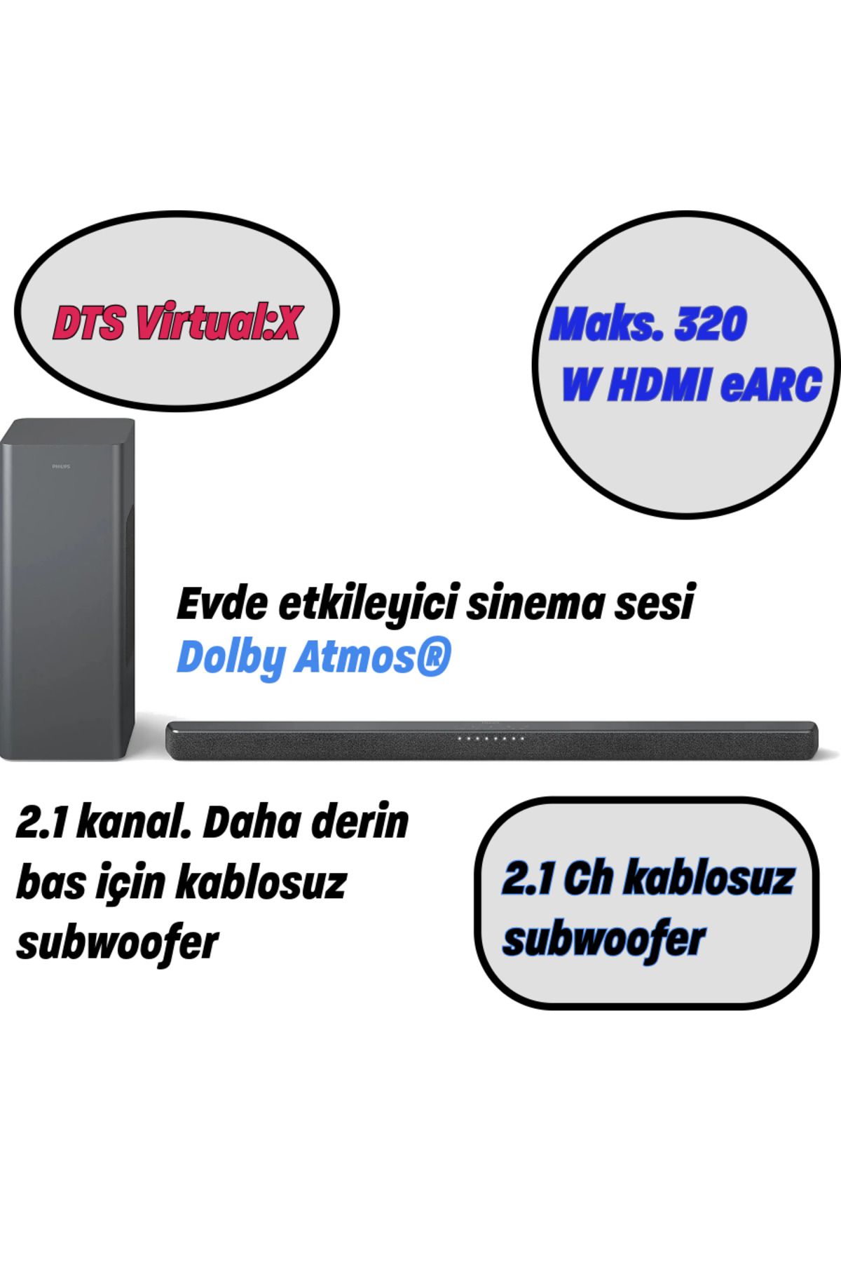 Philips LE Ses desteğiyle Bluetooth 5.3  2.1 Kanal 160 W Soundbar