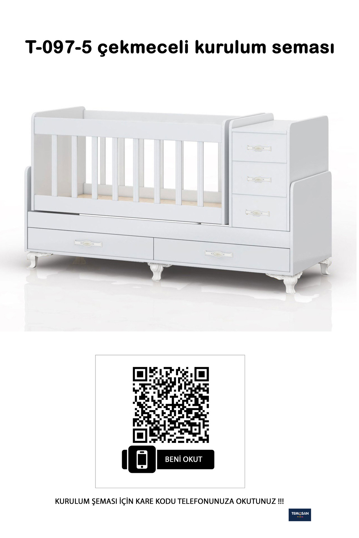 temosan mobilya Mdf Korkuluklu, Anne Yanı, Çekmeceli, Büyüyen, Karyola Olabilen, Sallanır Beşik 60 X 120 fotoğrafı 3 (önizleme)