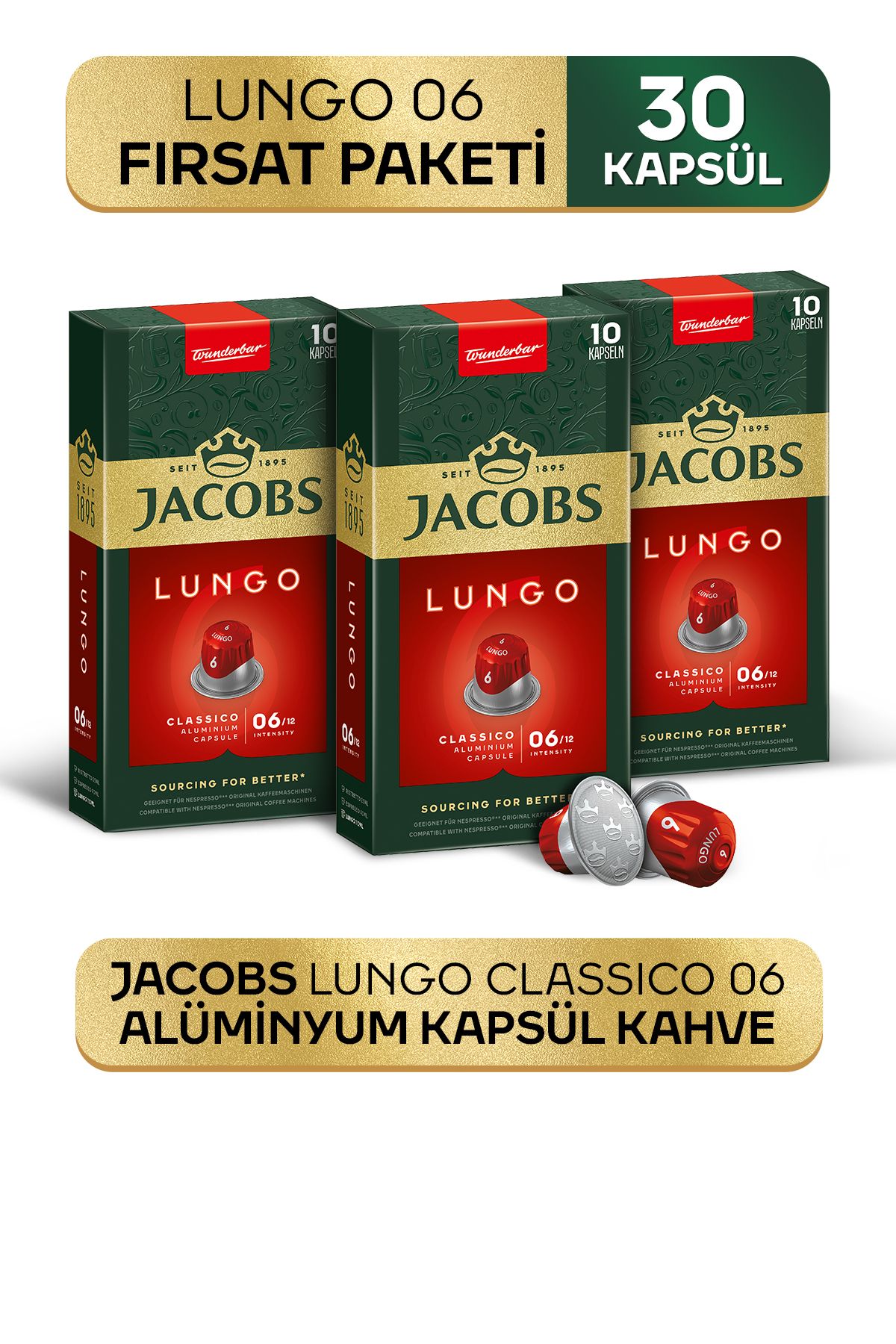 Jacobs Lungo 6 Classic Nespresso Uyumlu Alüminyum Kapsül Kahve 10 Adet X 3 Paket