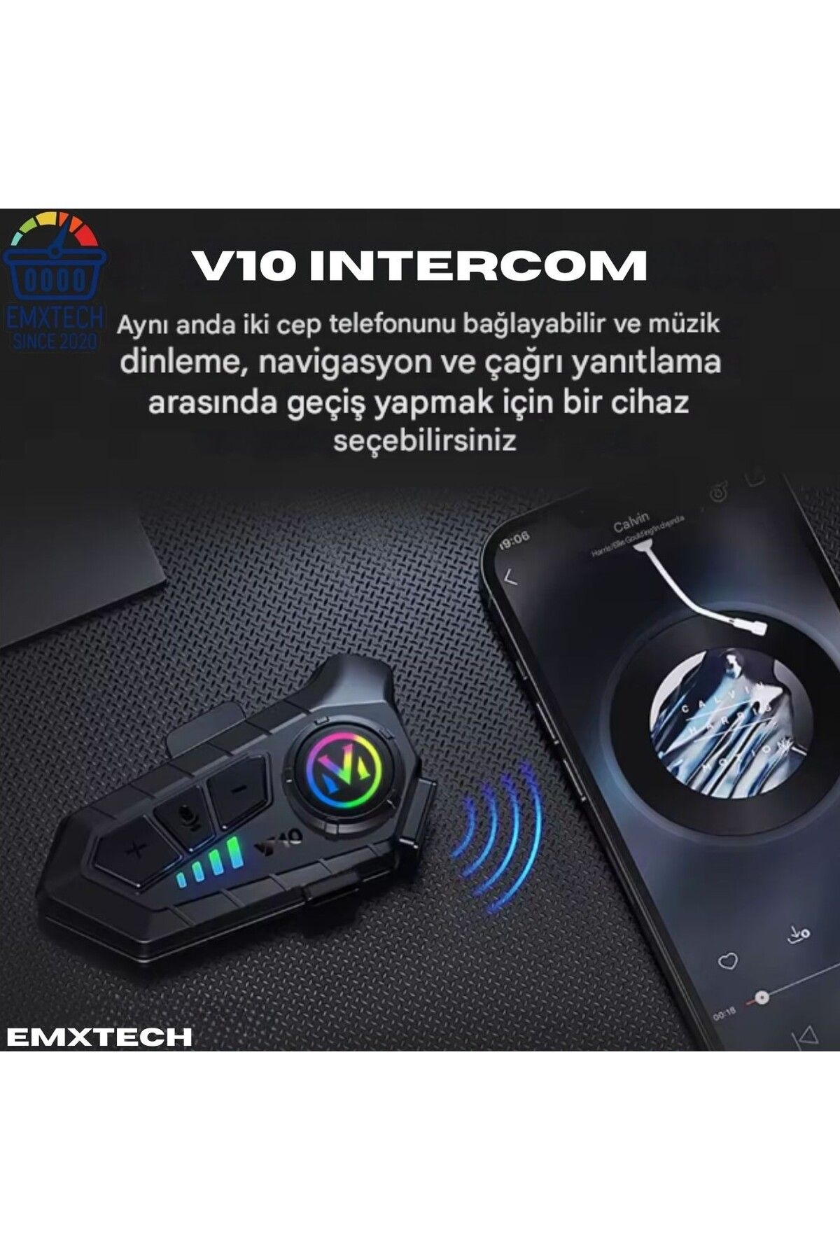 EMXTECH V10 Kablosuz RGB Işıklı Motosiklet Su Geçirmez IPX6 Kask İnterkom Bluetooth 5.3 1000 mAh