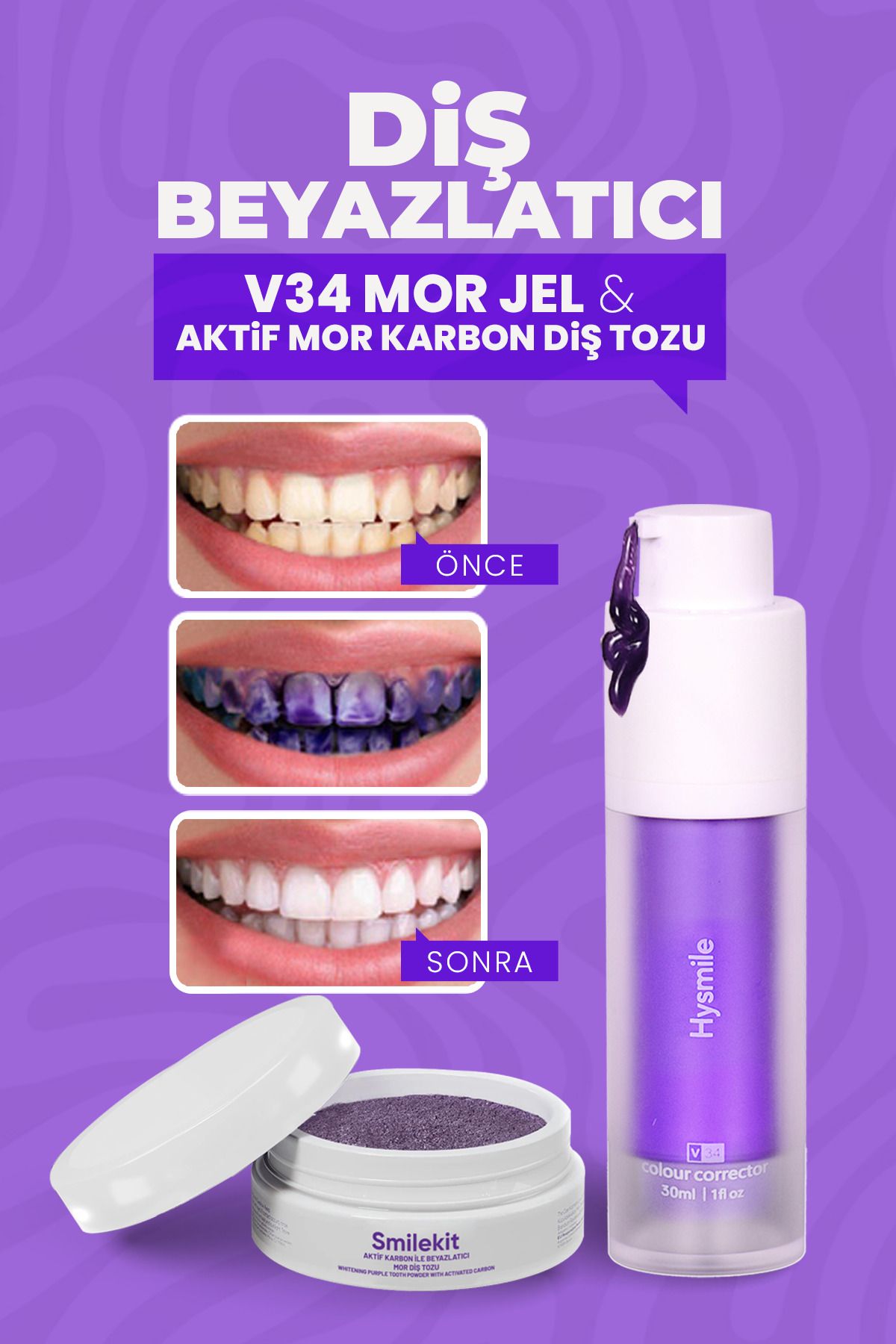 Smilekit Diş Beyazlatıcı V34 Mor Jel & Aktif Mor Karbon Diş Beyazlatma Tozu