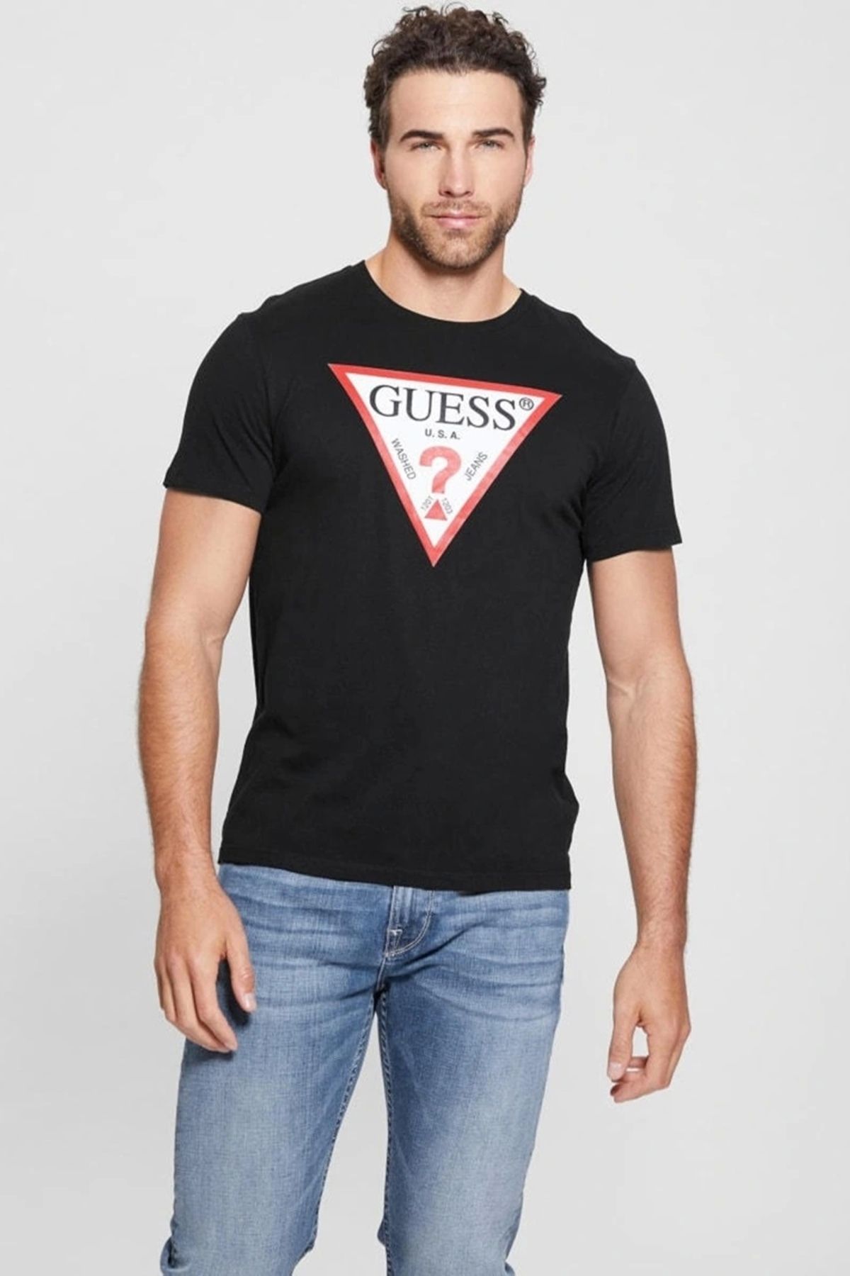 تی شرت مشکی مردانه سیاه Slim Fit Logo Tri Guess