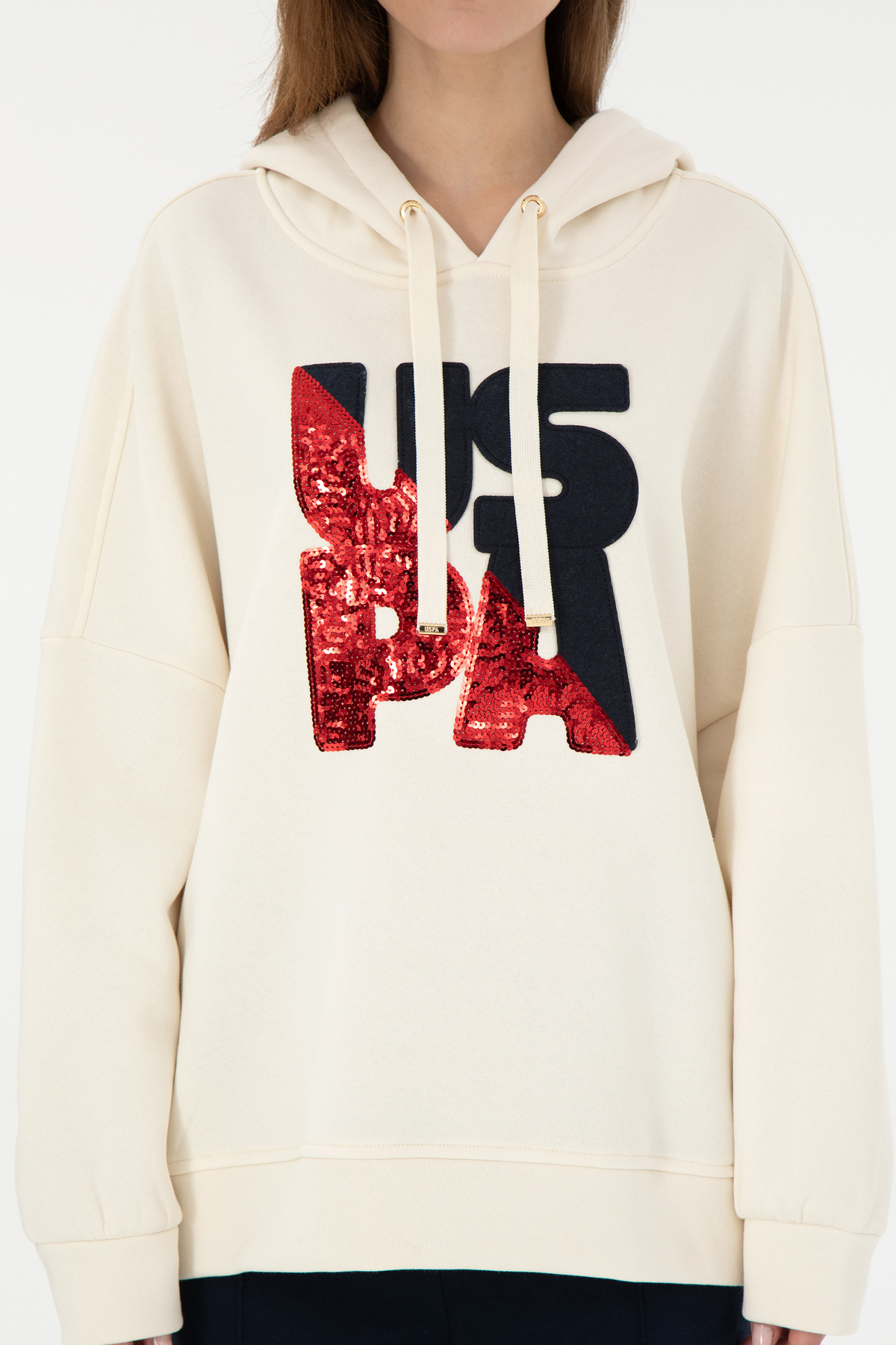 U.S. Polo Assn. Kadın Krem Kapüşonlu Sweatshirt 50292353-VR071 görsel 6